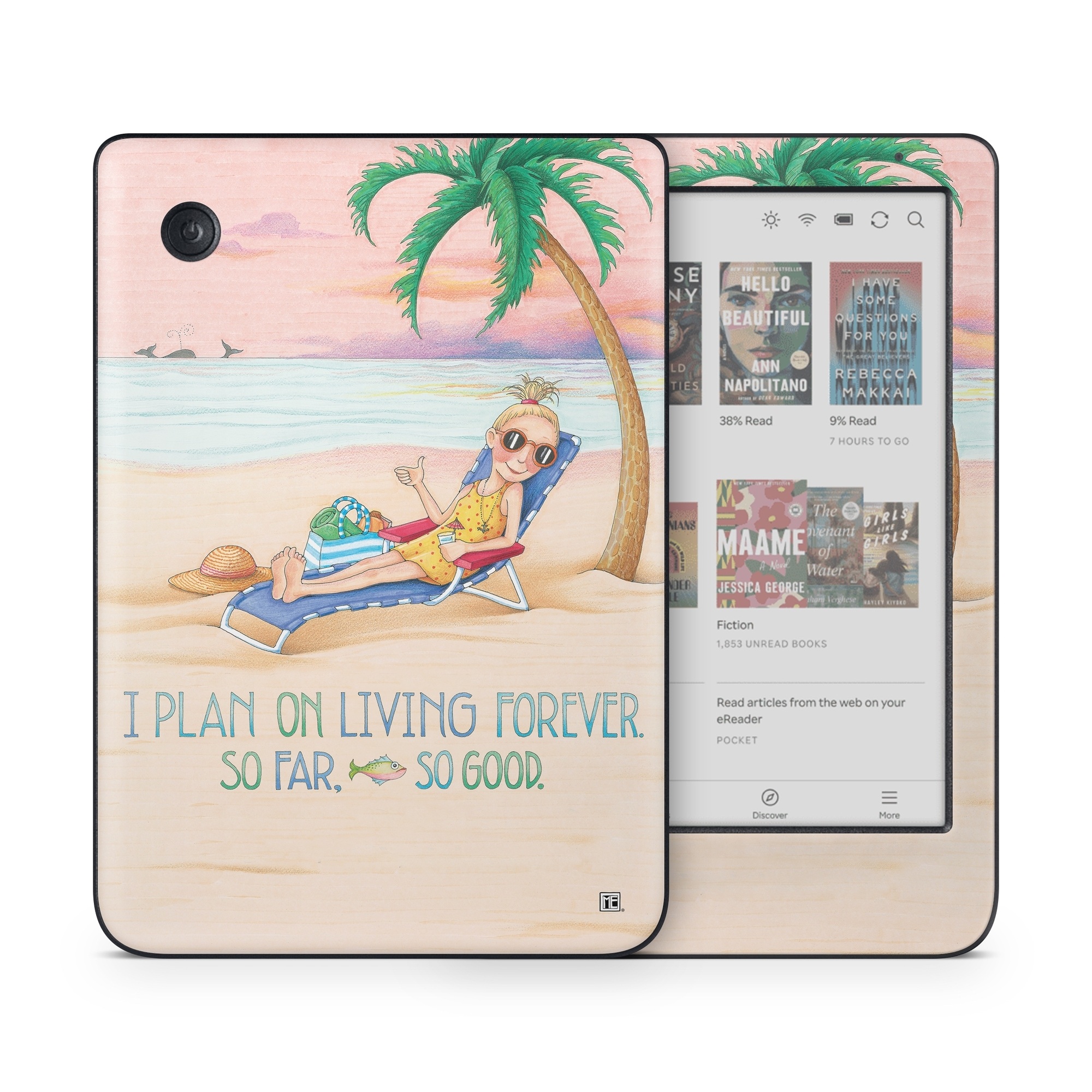 Kobo Clara Colour Skin design of Vacation, Product, Summer, Aqua, Illustration, Sun tanning, Fictional character, Caribbean, Graphics, Happy, with pink, green, brown, yellow, blue, white, red colors