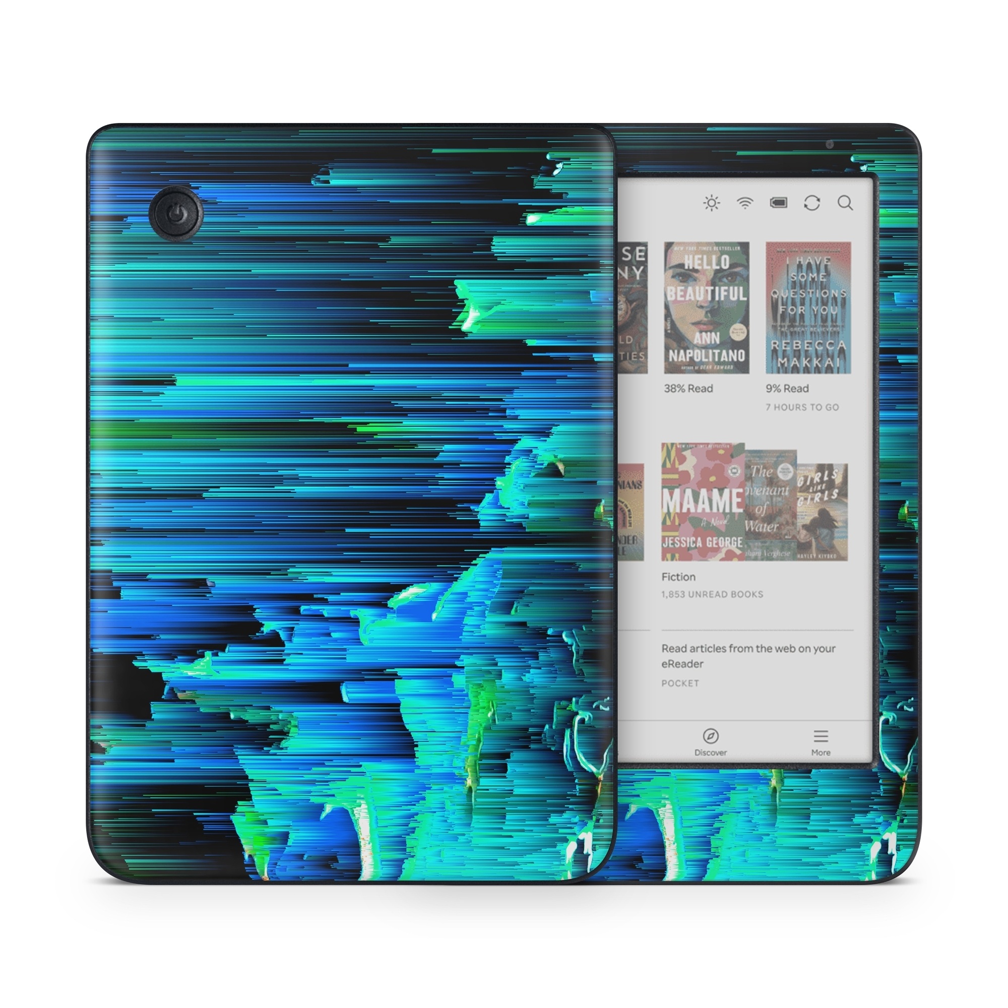 Kobo Clara Colour Skin design of Blue, Green, Turquoise, Light, Colorfulness, Electric blue, with blue, green, black, white colors