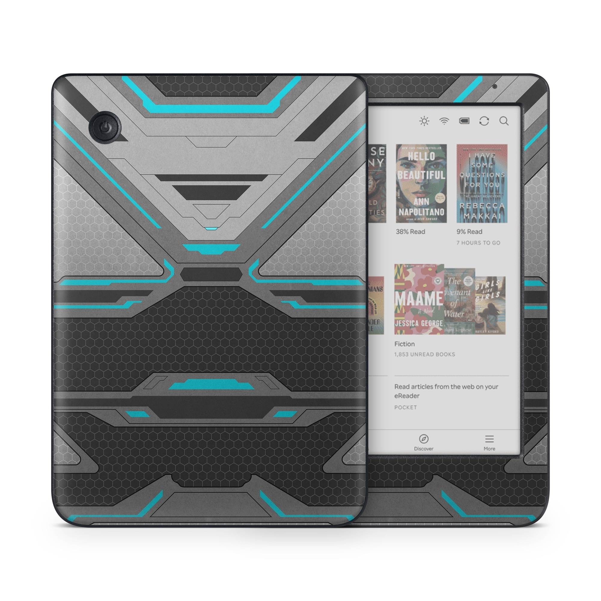 Kobo Clara Colour Skin design of Blue, Turquoise, Pattern, Teal, Symmetry, Design, Line, Automotive design, Font, with black, gray, blue colors