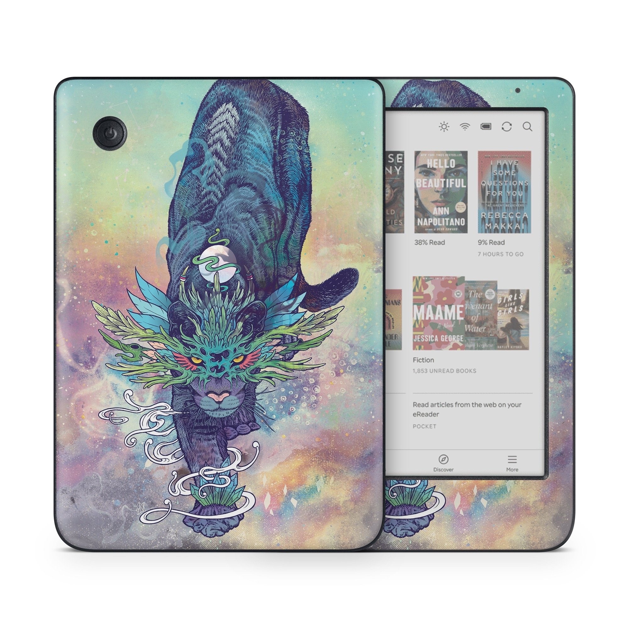 Kobo Clara Colour Skin design of Illustration, Fictional character, Graphic design, Demon, Art, Fiction, Cg artwork, Supernatural creature, with blue, green, black, white, yellow, orange, pink, purple colors