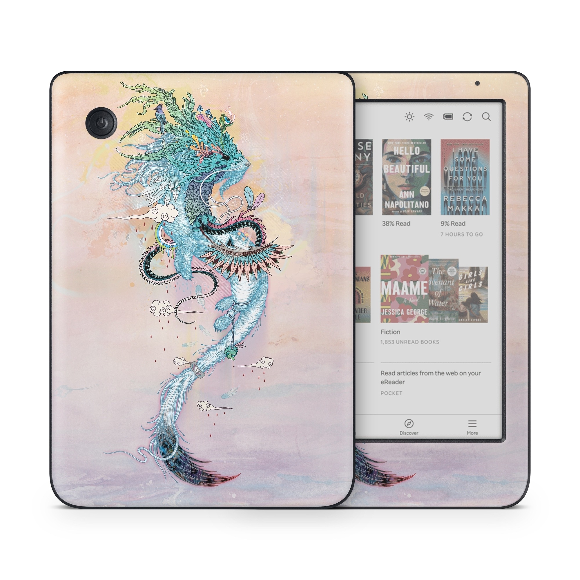 Kobo Clara Colour Skin design of Illustration, Water, Watercolor paint, Art, Fictional character, Graphic design, Mythology, Visual arts, Painting, Drawing, with yellow, pink, blue, green colors