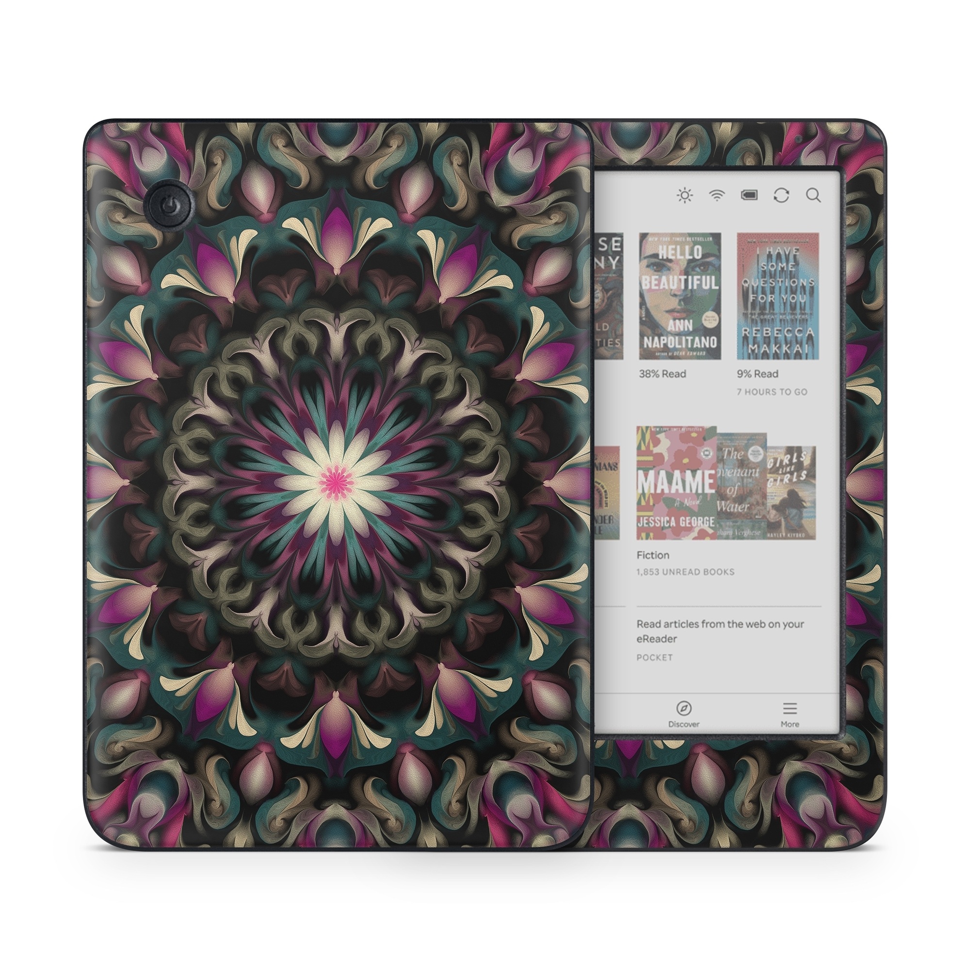 Kobo Clara Colour Skin design of Fractal art, Pattern, Pink, Psychedelic art, Art, Kaleidoscope, Design, Symmetry, Visual arts, Textile, with black, purple, white, green, blue colors