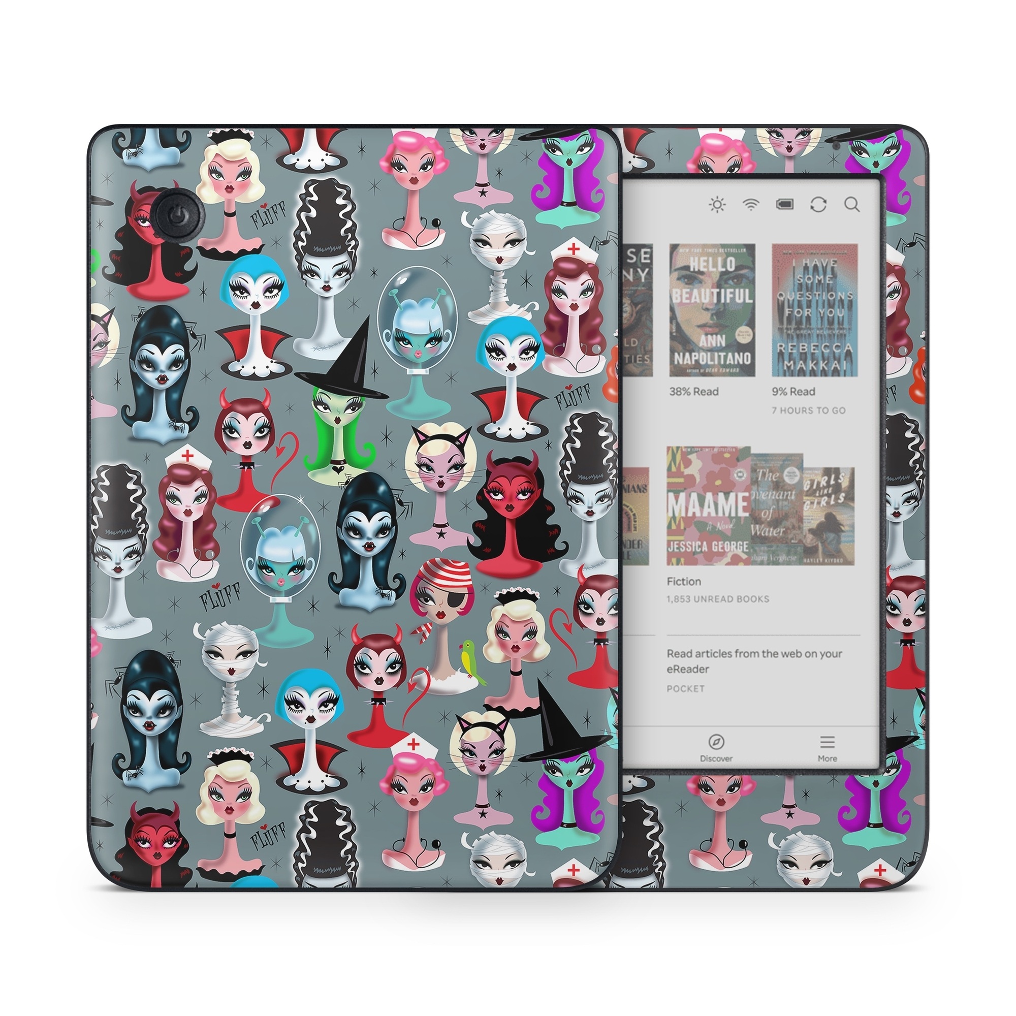 Kobo Clara Colour Skin design of Facial expression, Head, Design, Collection, Fictional character, Pattern, Skull, Illustration, Collage, Style, with gray, white, red, blue, green, black, pink, purple colors