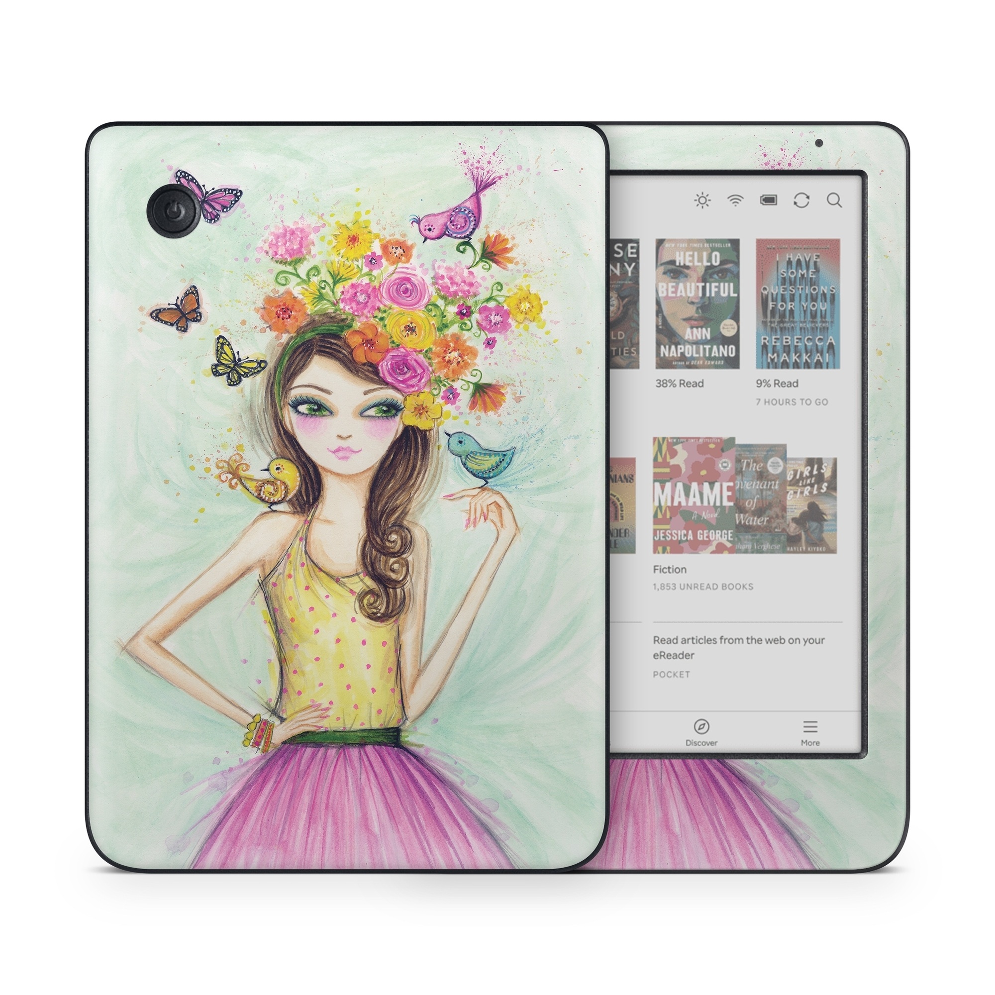 Kobo Clara Colour Skin design of Pink, Illustration, Fashion illustration, Watercolor paint, Fictional character, Dress, Hair accessory, Wildflower, Costume, Plant, with blue, pink, yellow, orange, purple, brown, green colors