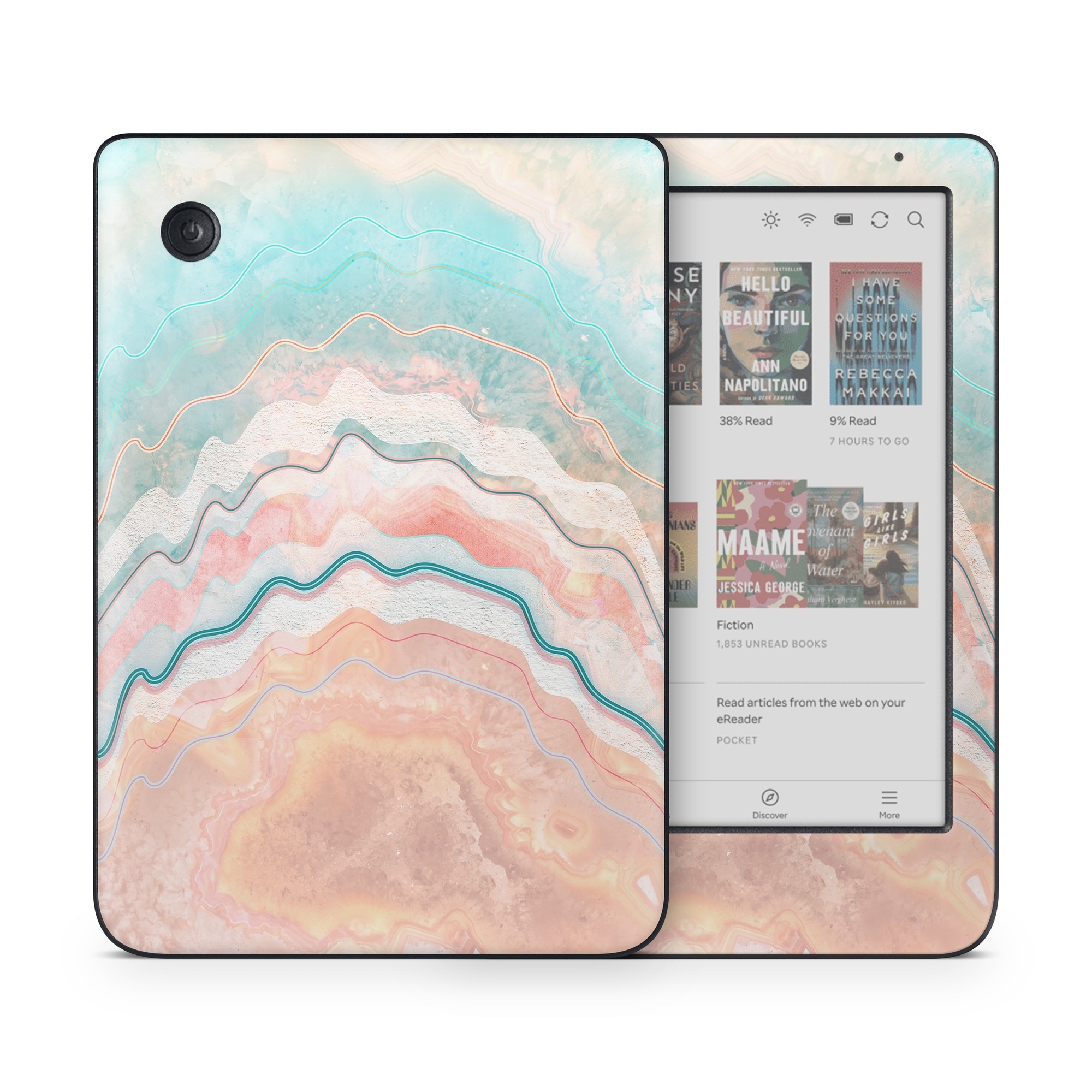 Kobo Clara Colour Skin design of Aqua, Line, Pattern, Watercolor paint, Design, Illustration, Art, with blue, pink, white, orange, yellow colors