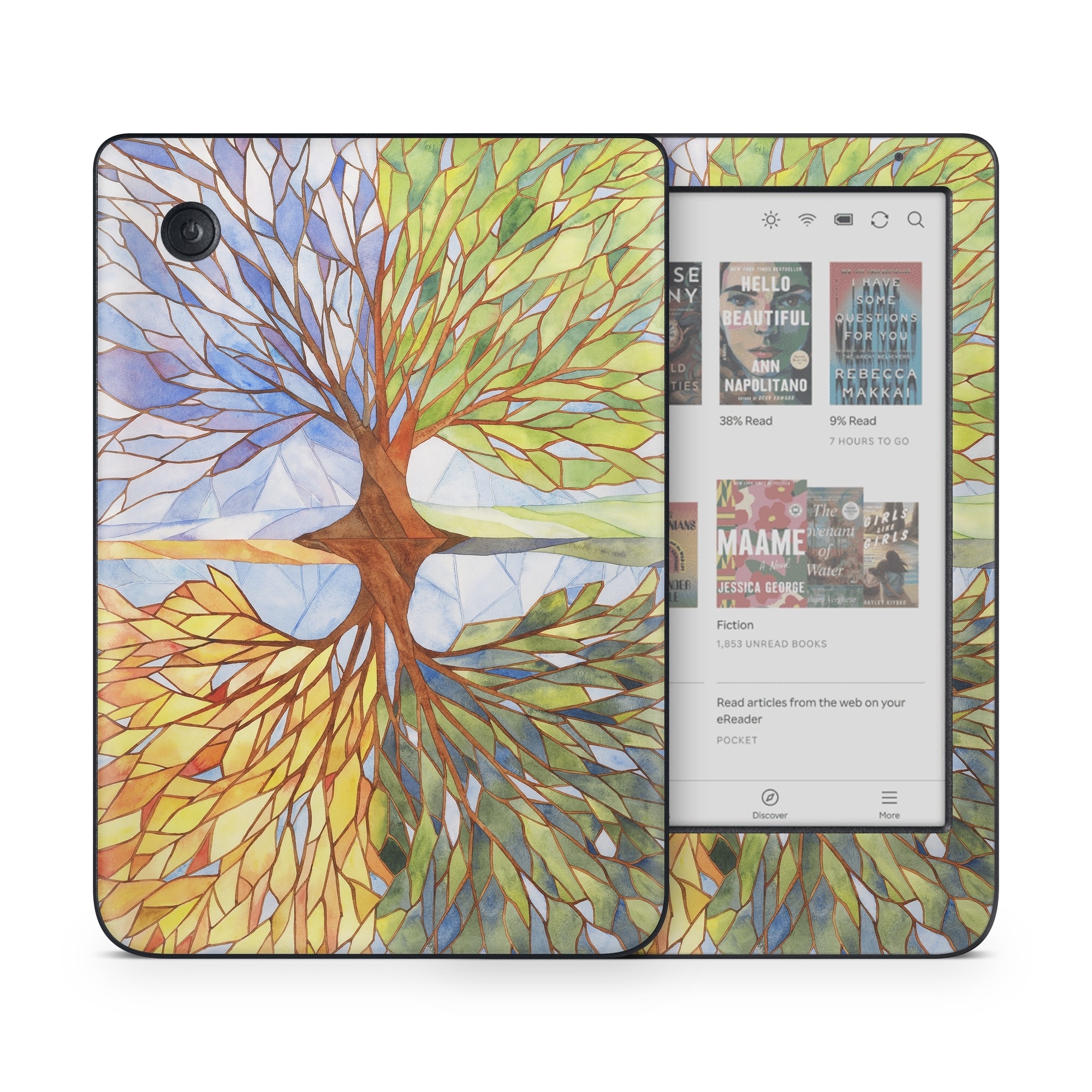 Kobo Clara Colour Skin design of Leaf, Tree, Botany, Plant, Symmetry, Art, Pattern, Painting, Plant stem, Plane, with blue, brown, orange, yellow, red, purple colors