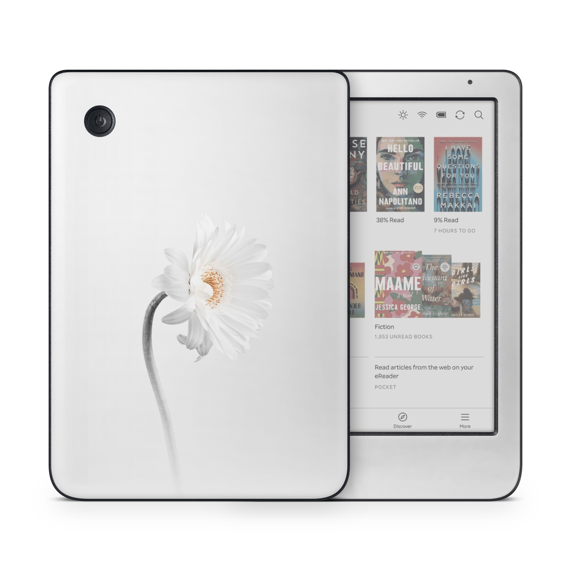 Kobo Clara Colour Skin design of White, Hair accessory, Headpiece, Gerbera, Petal, Flower, Plant, Still life photography, Headband, Fashion accessory, with white, gray colors