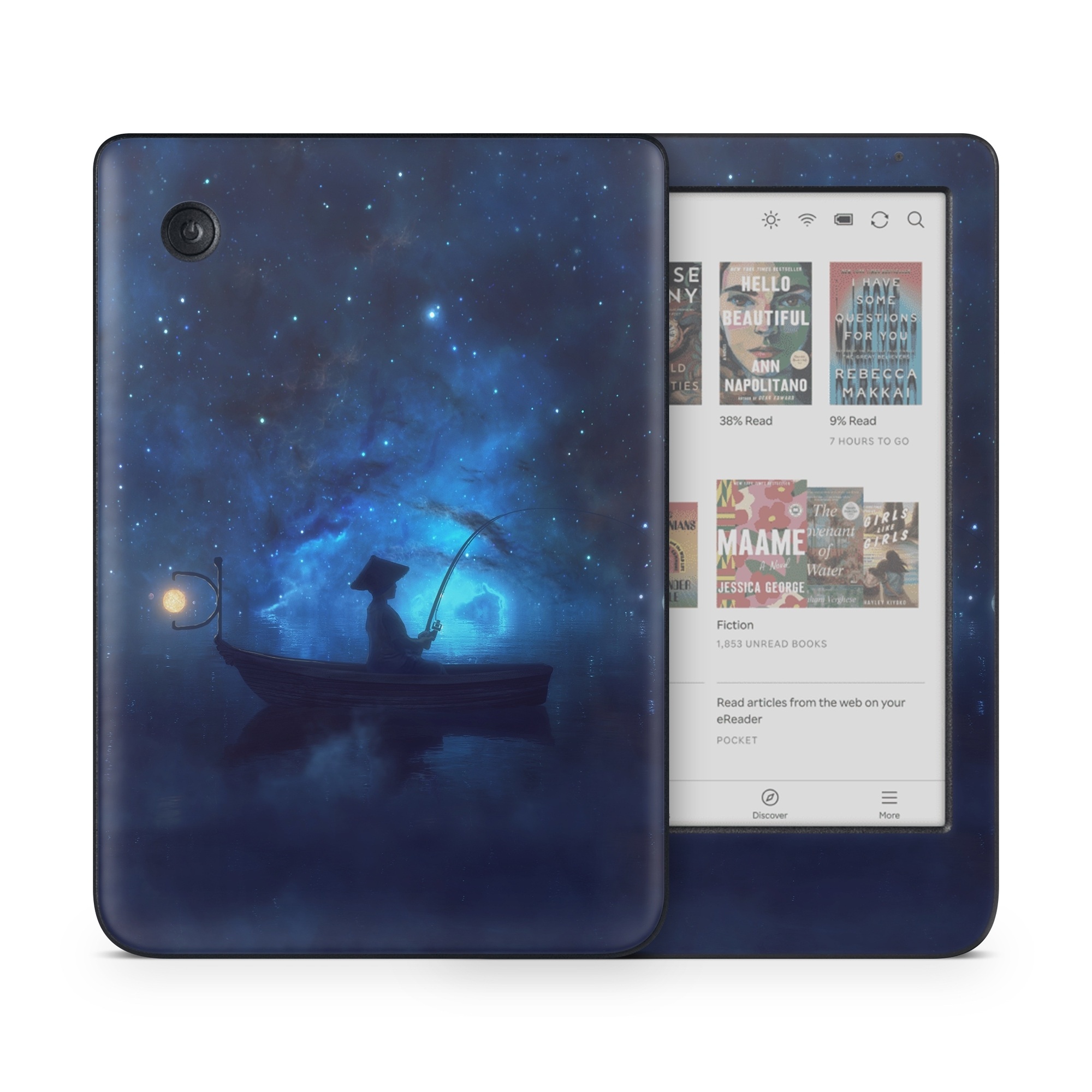 Kobo Clara Colour Skin design of Sky, Night, Atmosphere, Light, Atmospheric phenomenon, Darkness, Screenshot, Space, Midnight, Moonlight, with white, blue, black, green, orange colors