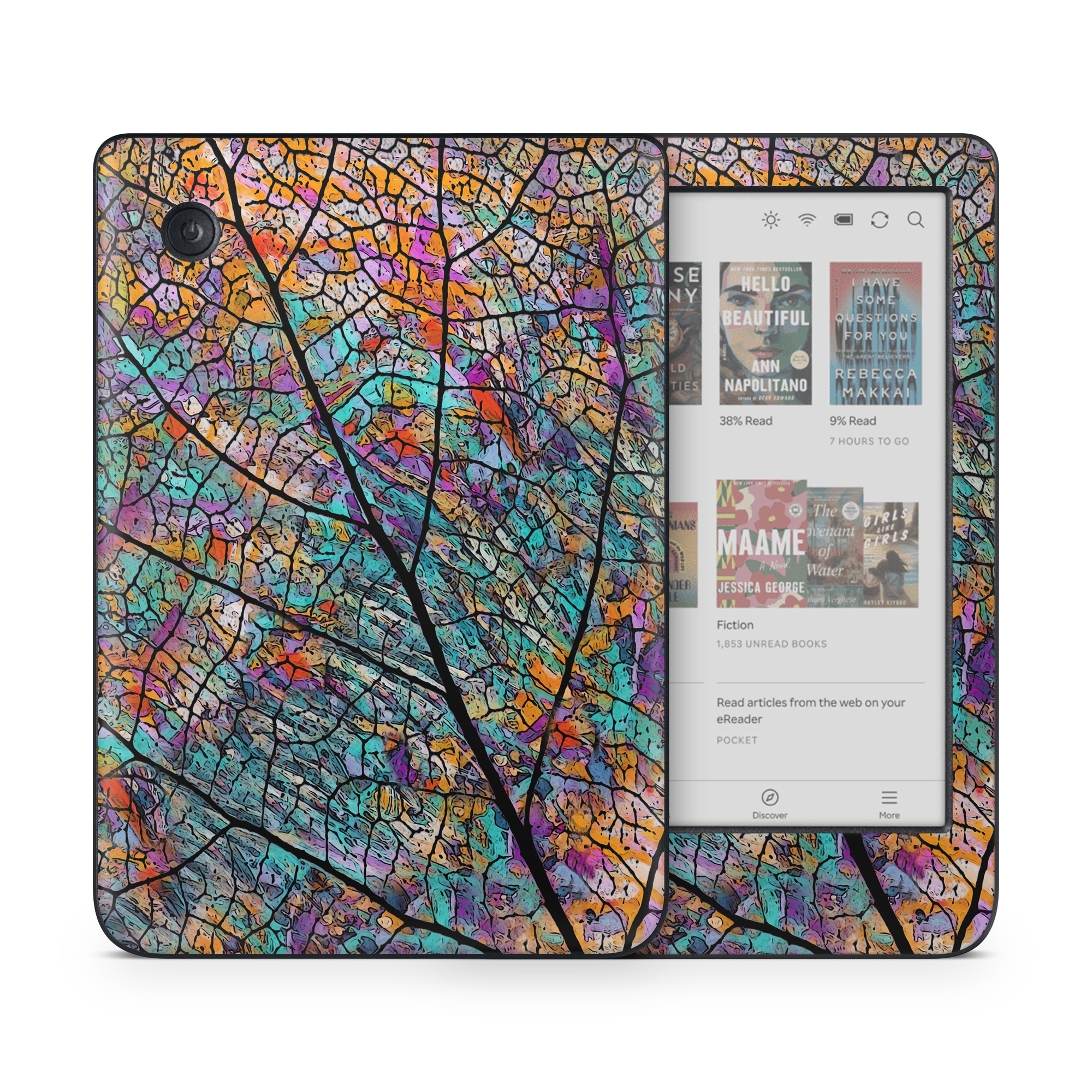 Kobo Clara Colour Skin design of Pattern, Colorfulness, Line, Branch, Tree, Leaf, Design, Visual arts, Glass, Plant, with black, gray, red, blue, green colors