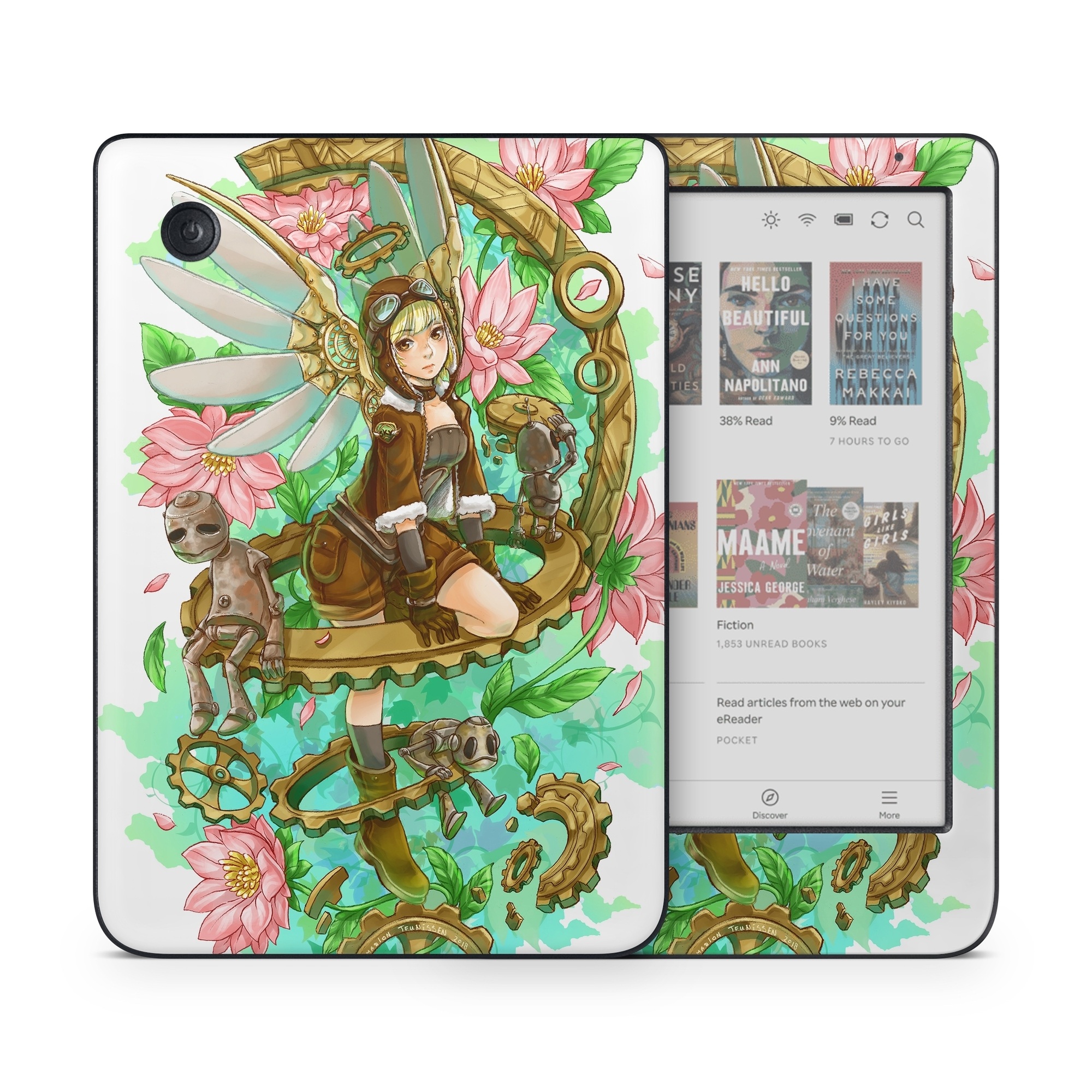 Kobo Clara Colour Skin design of Illustration, Fictional character, Clip art, Art, Graphics, Plant, with white, yellow, pink, green, brown, black colors