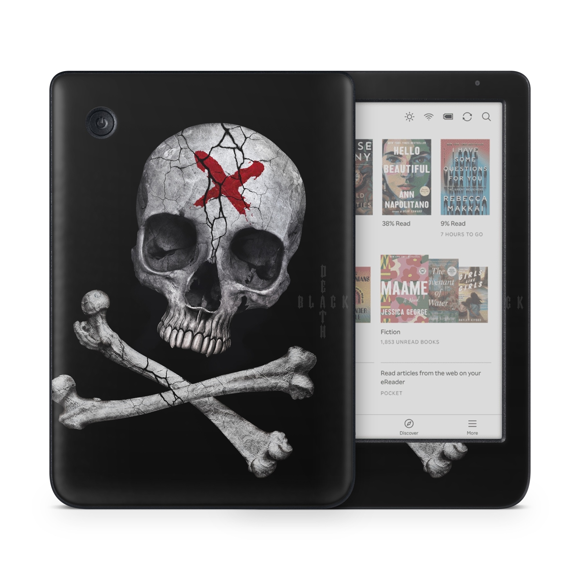 Kobo Clara Colour Skin design of Bone, Skull, Skeleton, Jaw, Illustration, Animation, Fictional character, Still life photography, with black, white, gray colors