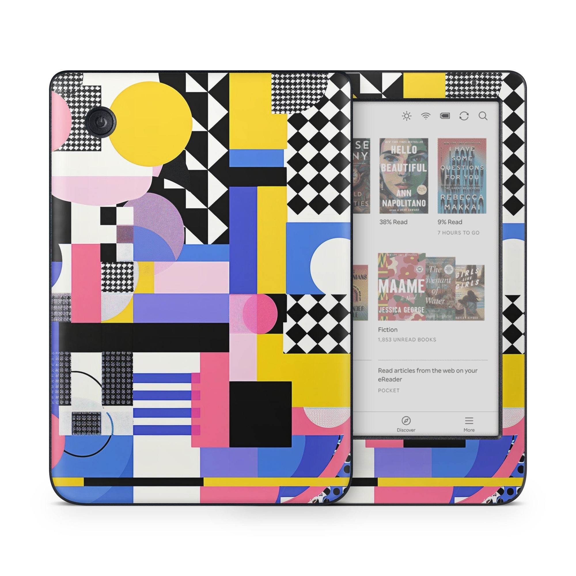 Kobo Clara Colour Skin design of White, Black, Rectangle, Font, Art, Red, Pattern, Tints and shades, Circle, Electric blue, with blue, white, black, yellow, pink, purple colors