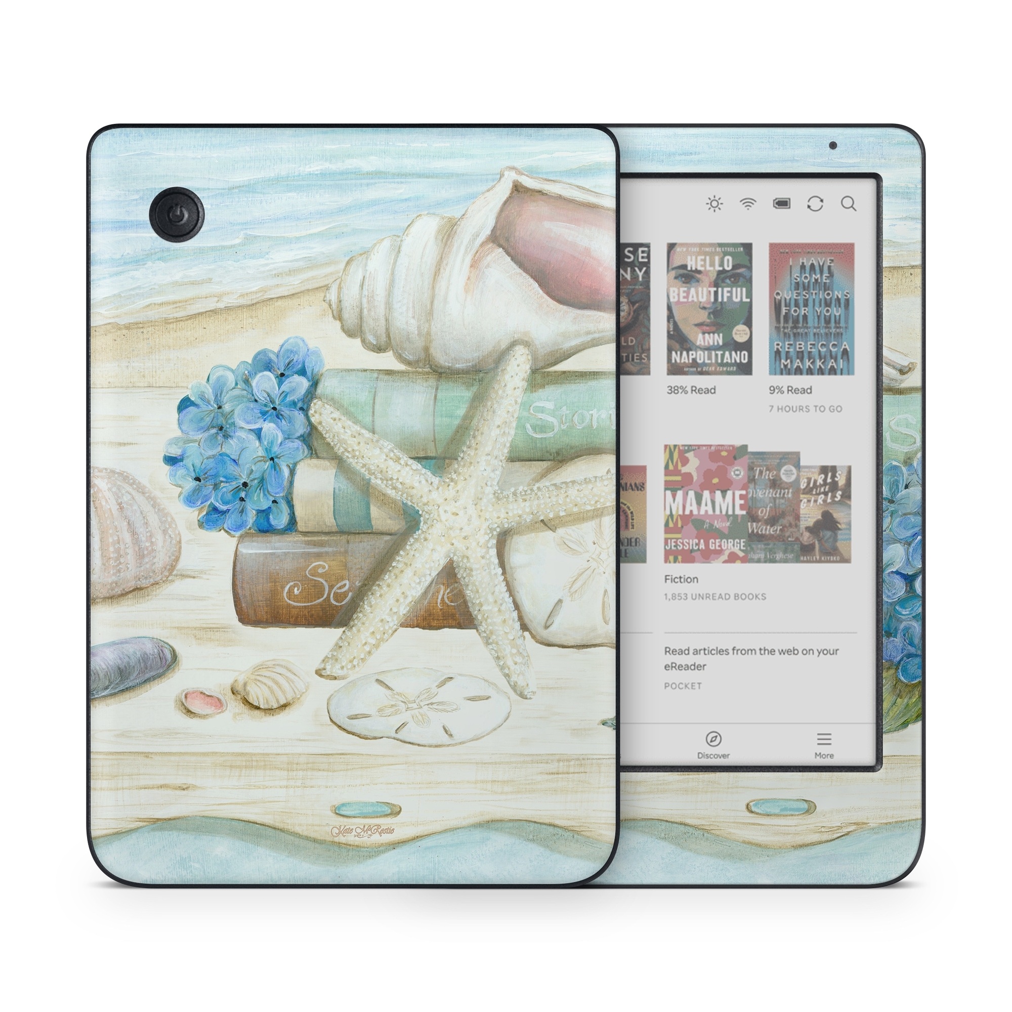 Kobo Clara Colour Skin design of Starfish, Shell, Hydrangea, Plant, Flower, Still life, Echinoderm, Cornales, with gray, green, blue, yellow colors