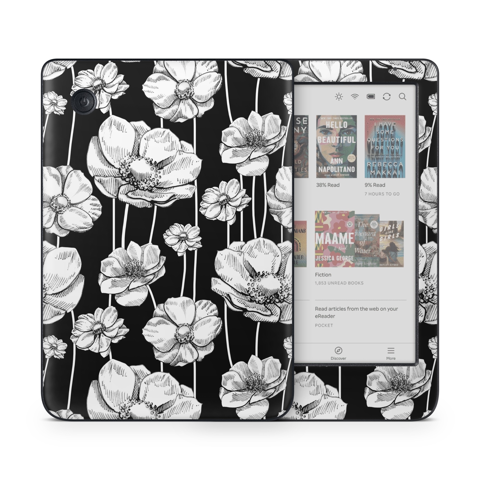 Kobo Clara Colour Skin design of Flower, Black-and-white, Plant, Botany, Petal, Design, Wildflower, Monochrome photography, Pattern, Monochrome, with black, gray, white colors