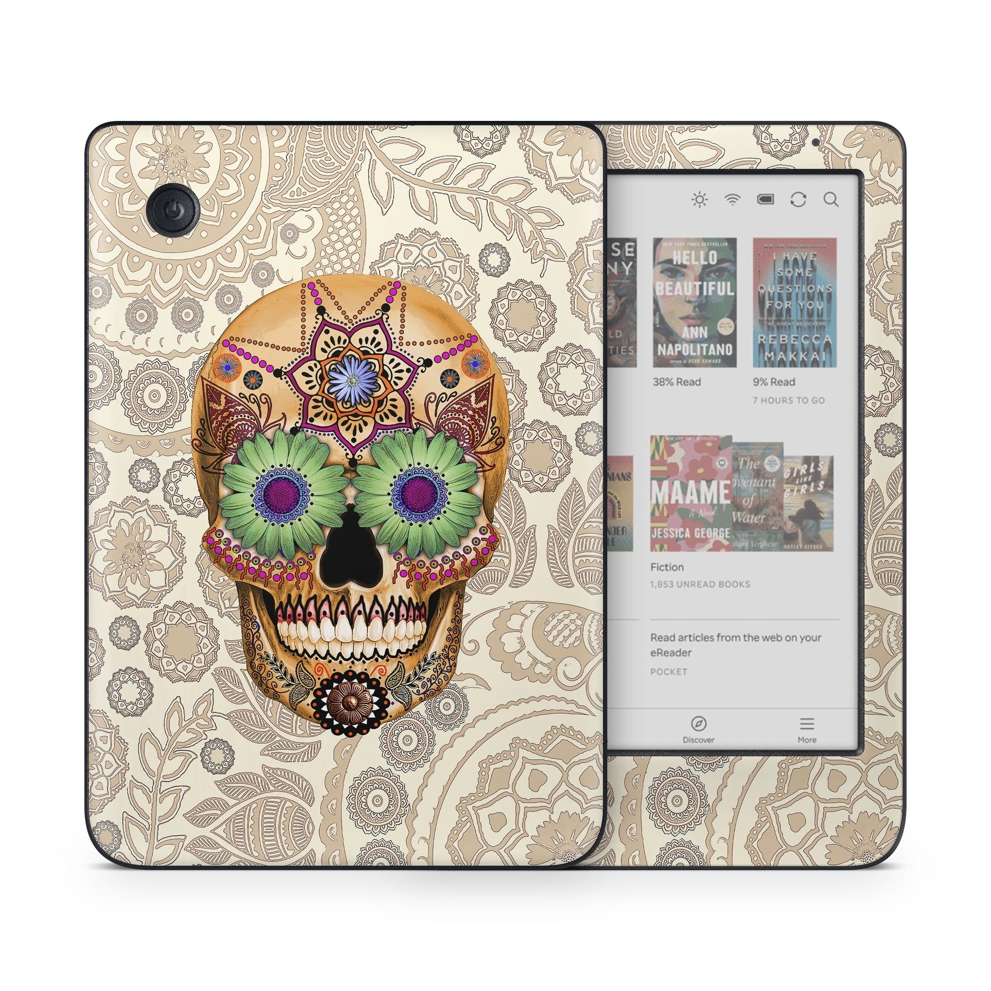 Kobo Clara Colour Skin design of Skull, Bone, Pattern, Design, Illustration, Visual arts, Fashion accessory, Art, with gray, yellow, green, black, red, pink colors