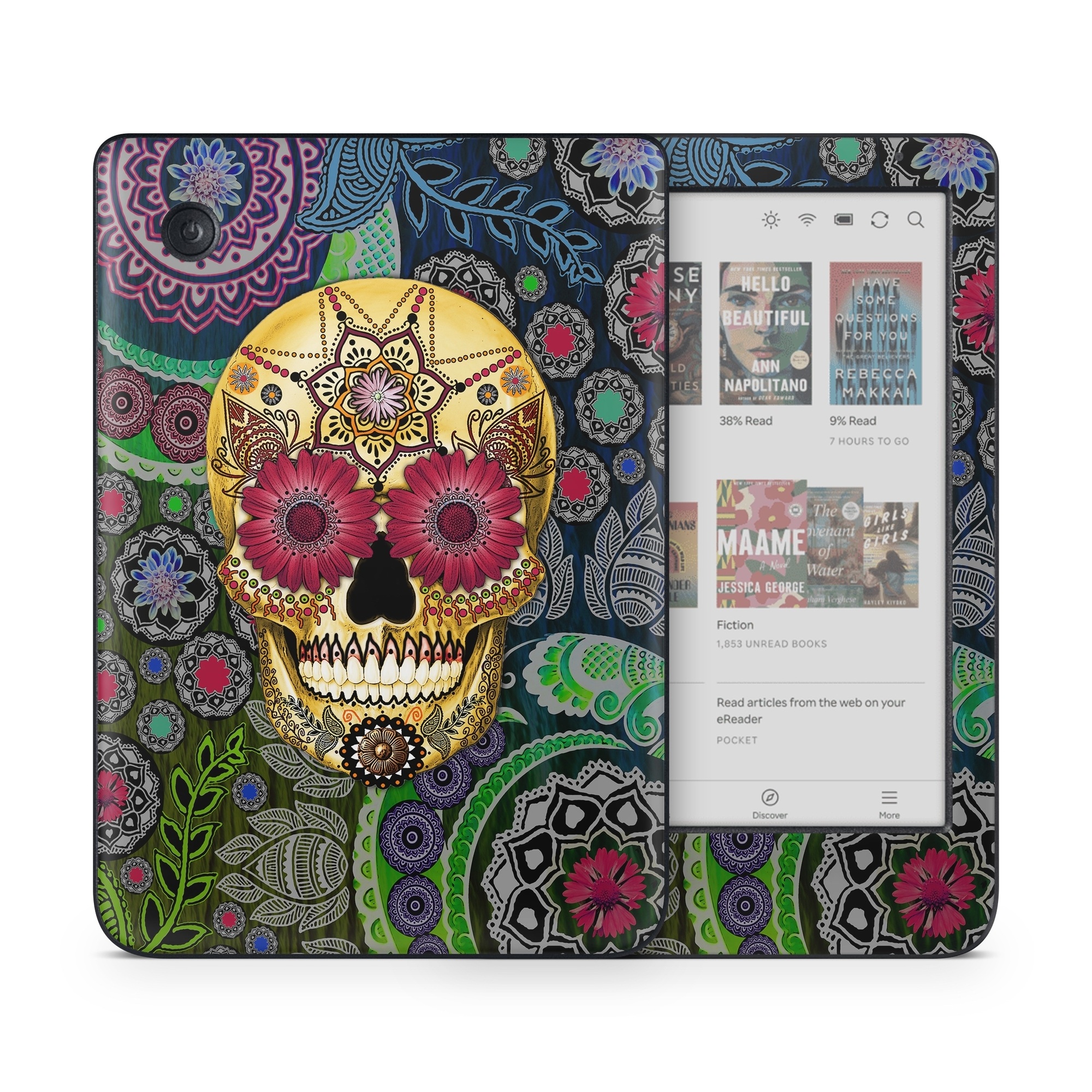 Kobo Clara Colour Skin design of Skull, Bone, Pattern, Psychedelic art, Visual arts, Design, Illustration, Art, Textile, Plant, with black, red, gray, green, blue colors