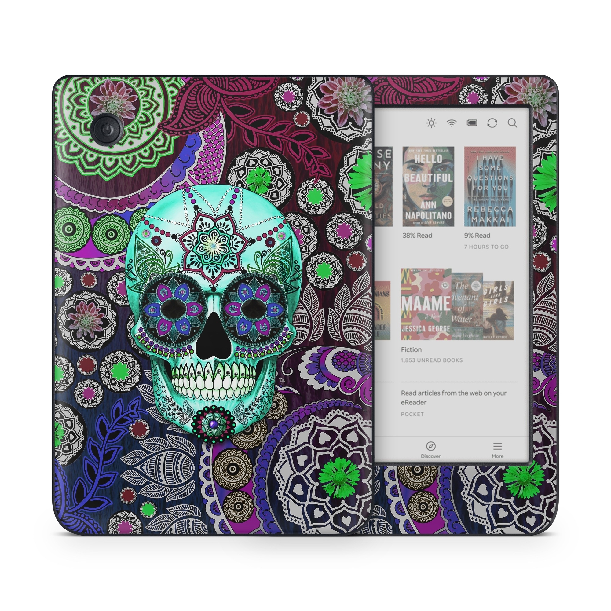 Kobo Clara Colour Skin design of Psychedelic art, Pattern, Skull, Purple, Bone, Violet, Design, Visual arts, Art, Magenta, with blue, green, purple, red, green, pink colors