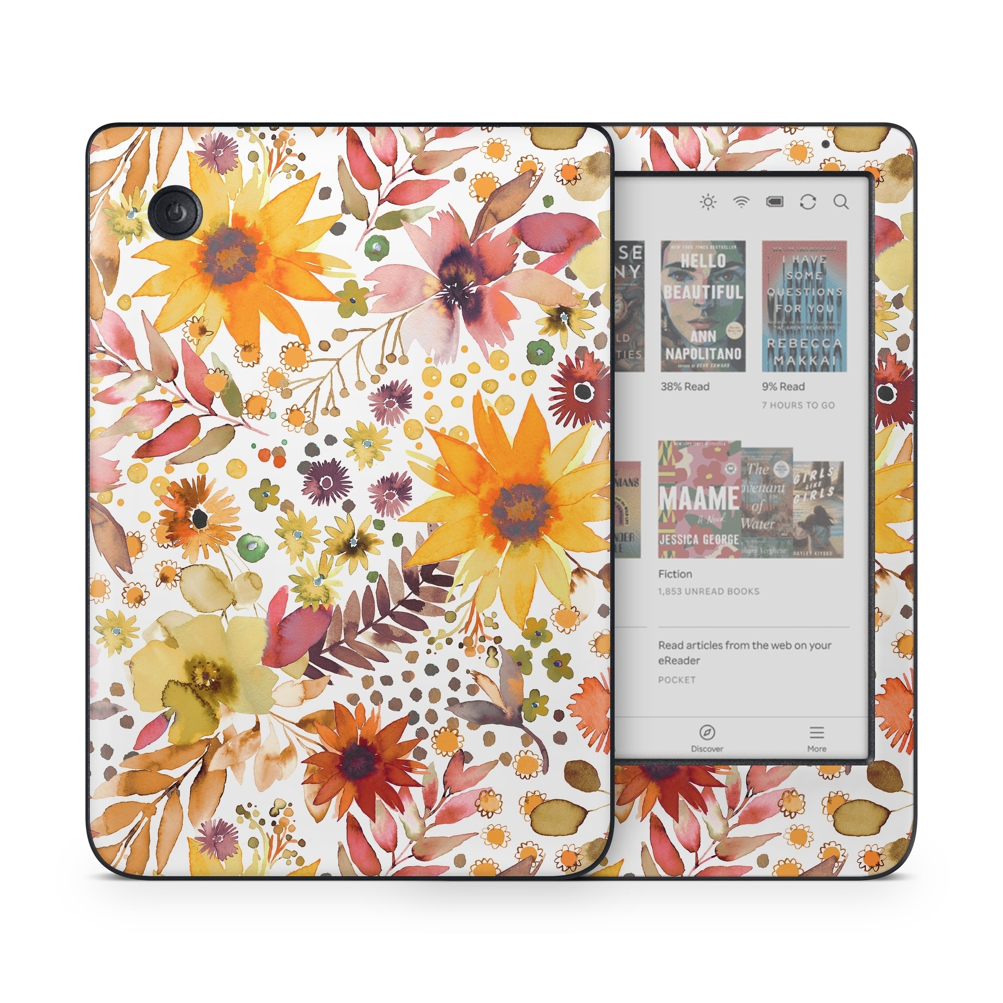 Kobo Clara Colour Skin design of Flower, Plant, Petal, Botany, Textile, Orange, Line, Groundcover, Creative arts, Flowering plant, with white, yellow, pink, green, brown, orange colors