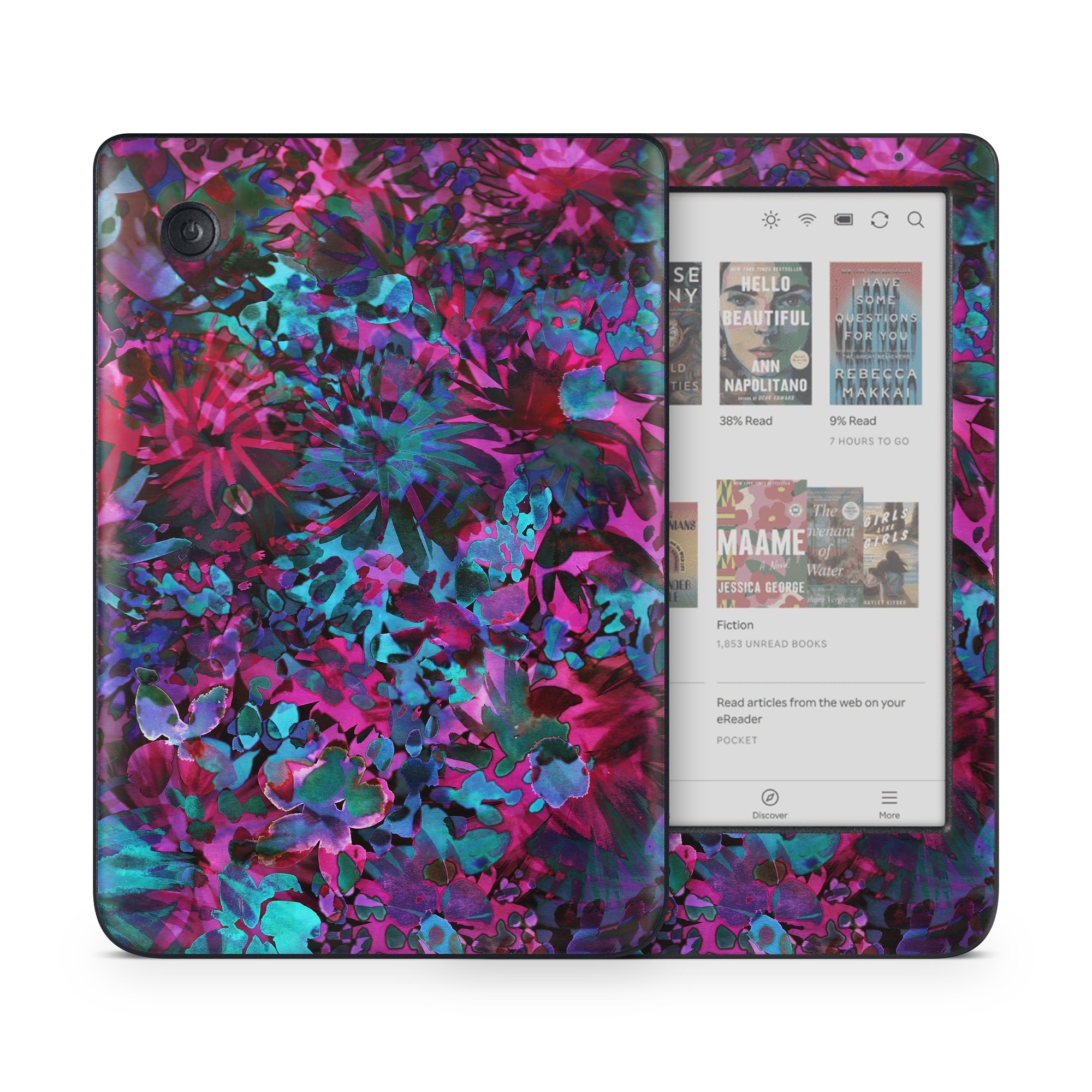 Kobo Clara Colour Skin design of Pink, Purple, Violet, Lilac, Flower, Leaf, Plant, Magenta, Botany, Pattern, with black, pink, purple, blue, green colors
