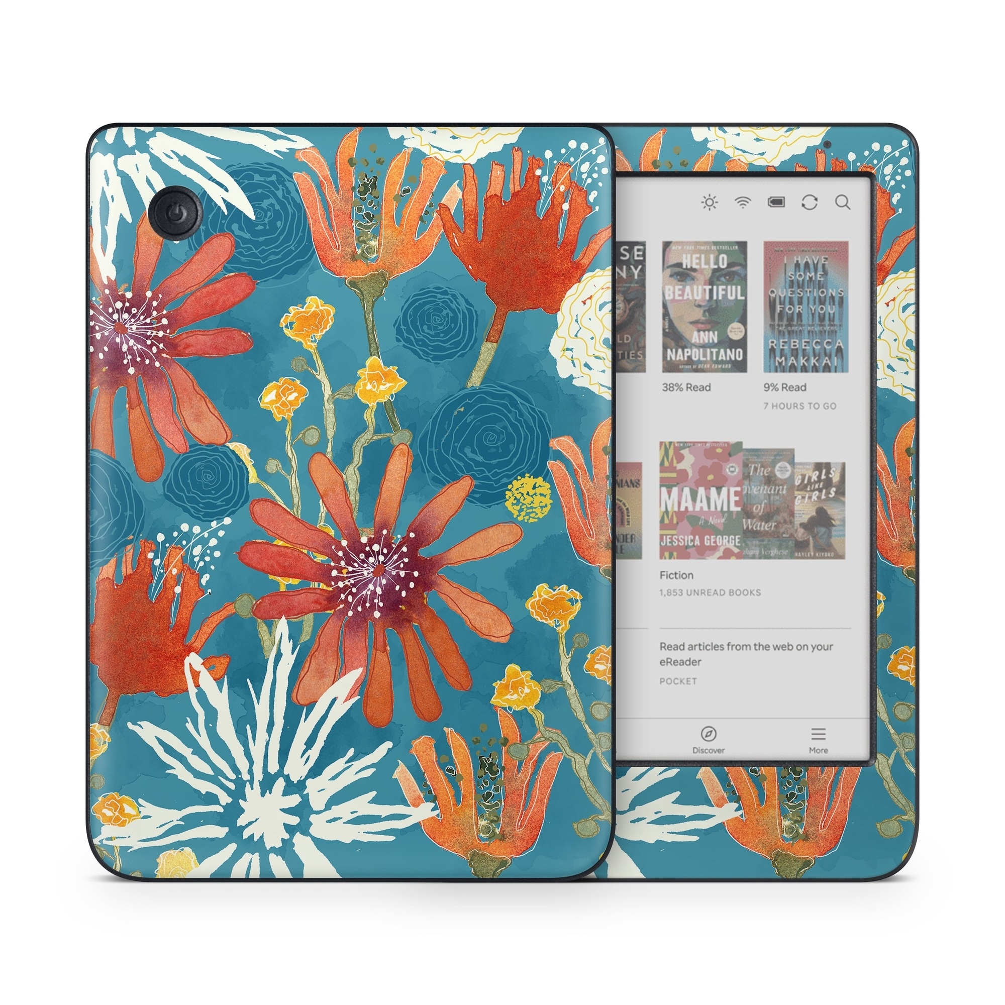 Kobo Clara Colour Skin design of Pattern, Visual arts, Wrapping paper, Design, Wildflower, Floral design, Textile, Flower, Plant, Motif, with blue, red, gray, yellow, green colors