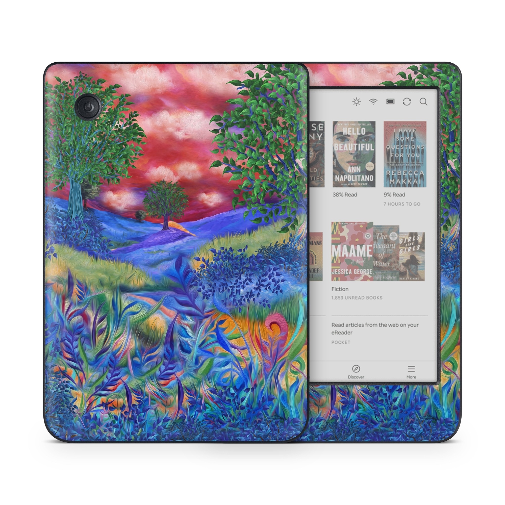Kobo Clara Colour Skin design of Art paint, Plant, Plant community, Paint, Natural landscape, People in nature, Vegetation, Grass, Art, Painting, with blue, red, green, orange, yellow, pink, white colors