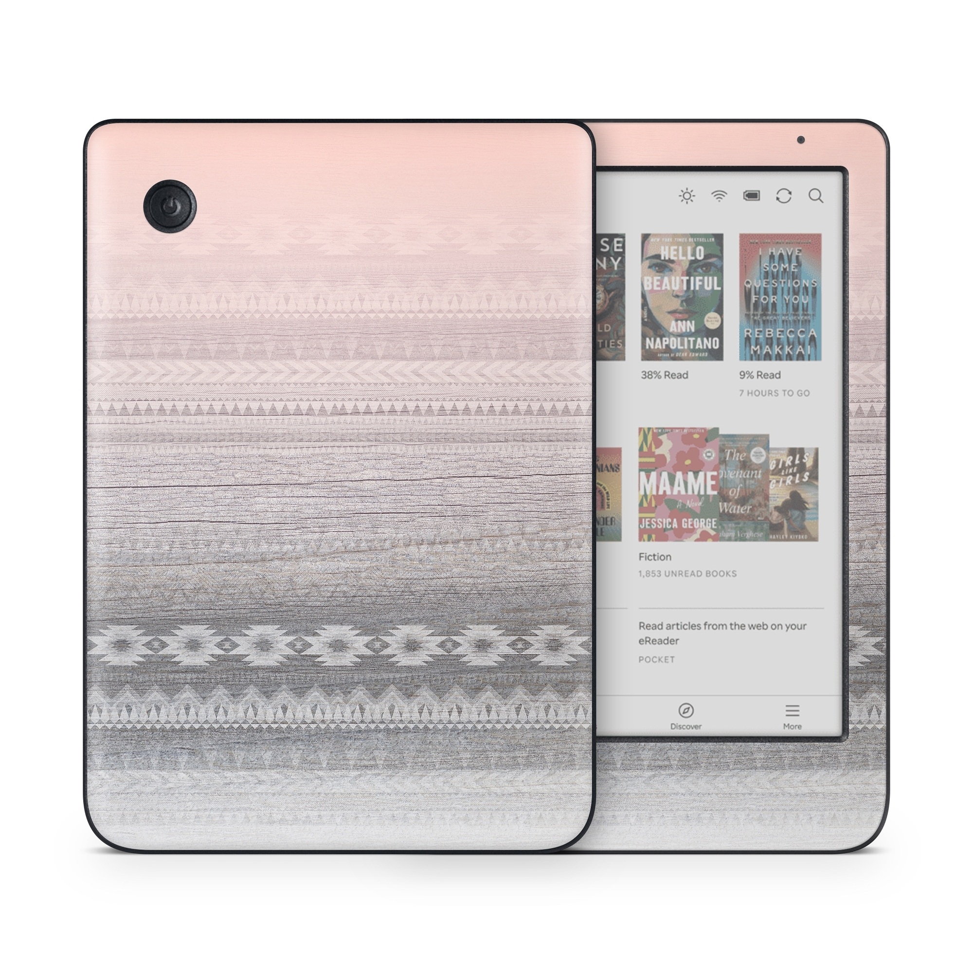 Kobo Clara Colour Skin design of White, Beige, Textile, Pattern, Lace, Tablecloth, Linen, Linens, with pink, white, gray colors