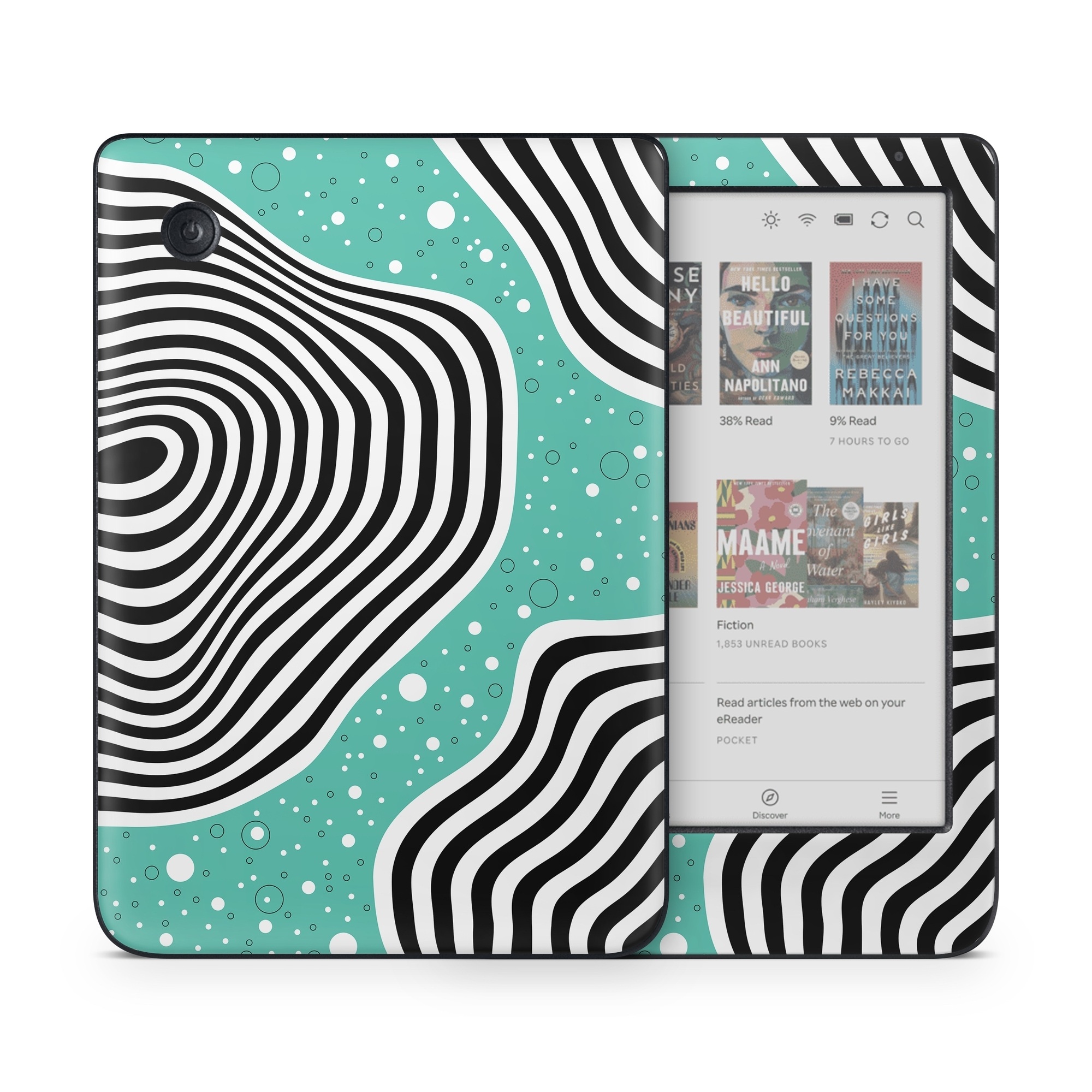 Kobo Clara Colour Skin design of White, Rectangle, Art, Line, Aqua, Pattern, Electric blue, Visual arts, Font, Graphics, with white, black, blue, green colors