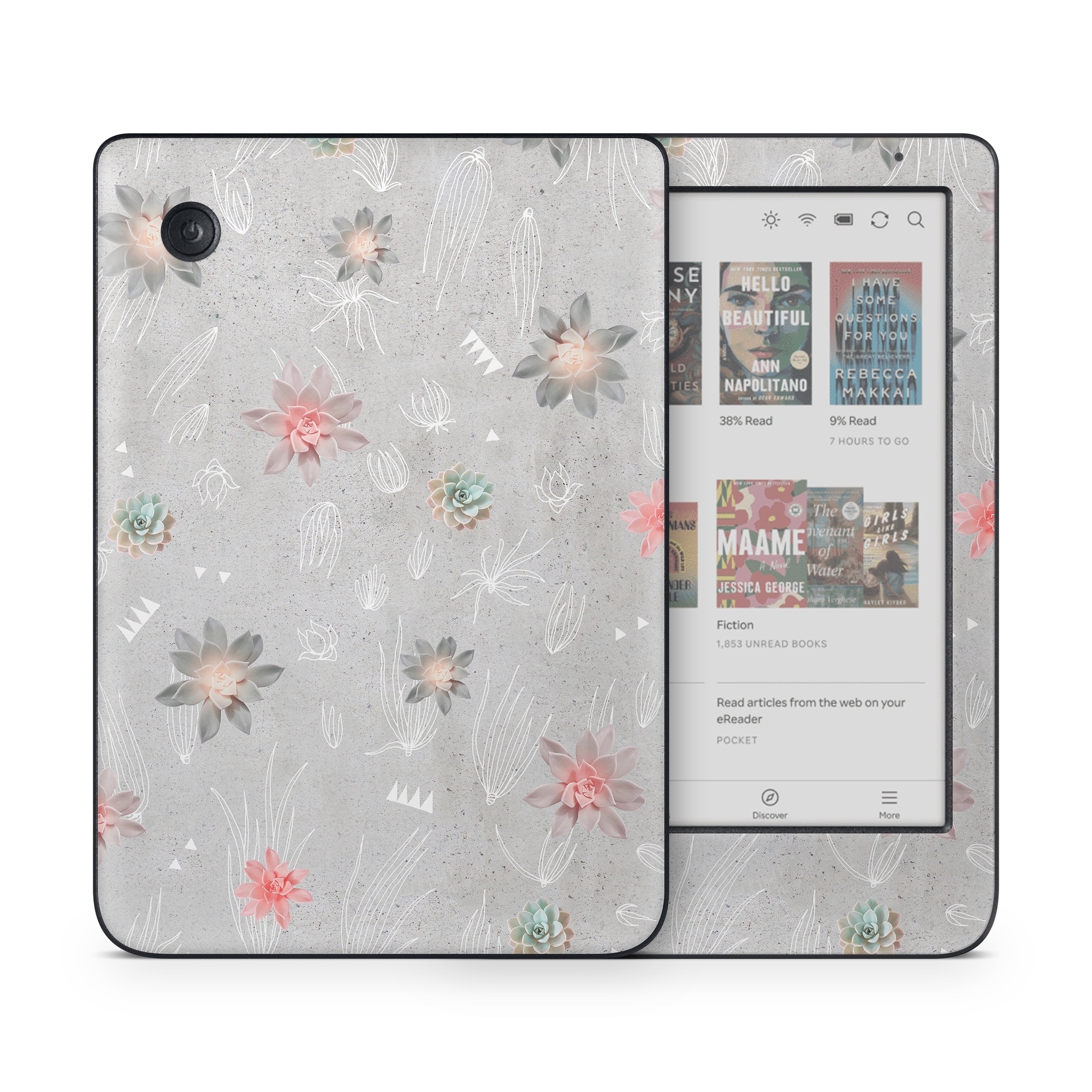 Kobo Clara Colour Skin design of Pink, Pattern, Wrapping paper, Textile, Design, Wallpaper, Floral design, Plant, Flower, with gray, red, white, pink colors