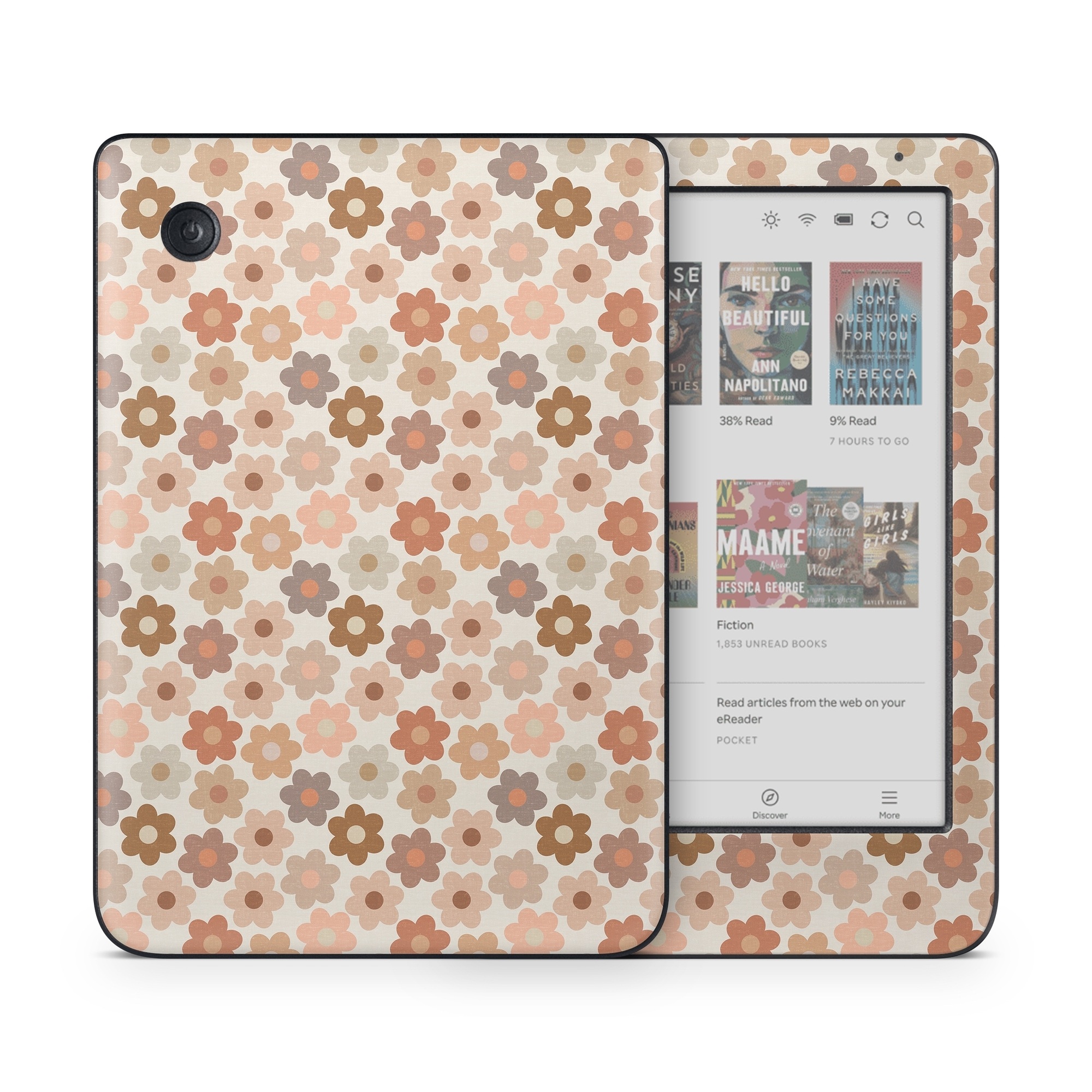 Kobo Clara Colour Skin design of Brown, Orange, Textile, Material property, Pattern, Circle, Symmetry, Font, Tints and shades, Peach, with white, brown, yellow, pink colors