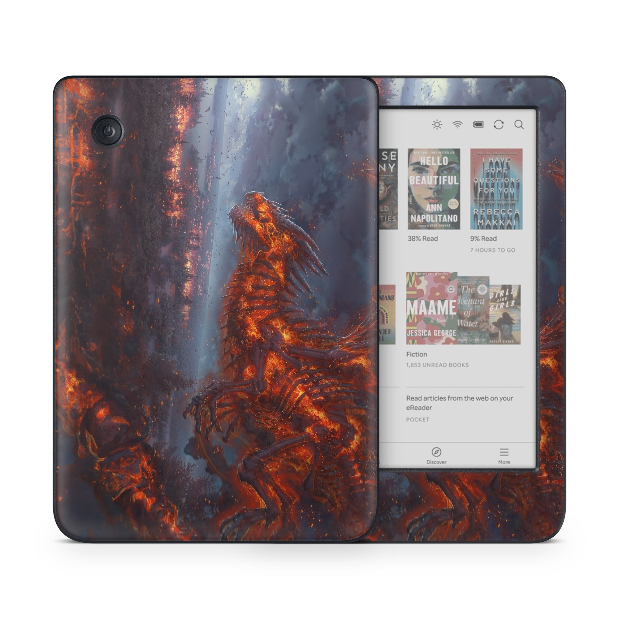 Kobo Clara Colour Skin design of Geological phenomenon, Dragon, Cg artwork, Sky, Flame, Fictional character, Mythology, Lava, Demon, Heat, with red, blue, black colors