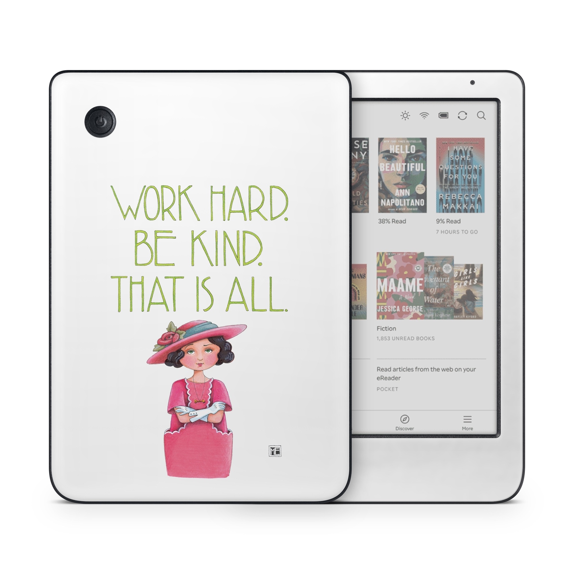 Kobo Clara Colour Skin design of Pink, Headgear, Font, Hat, with white, green, pink, black, white, yellow, blue colors