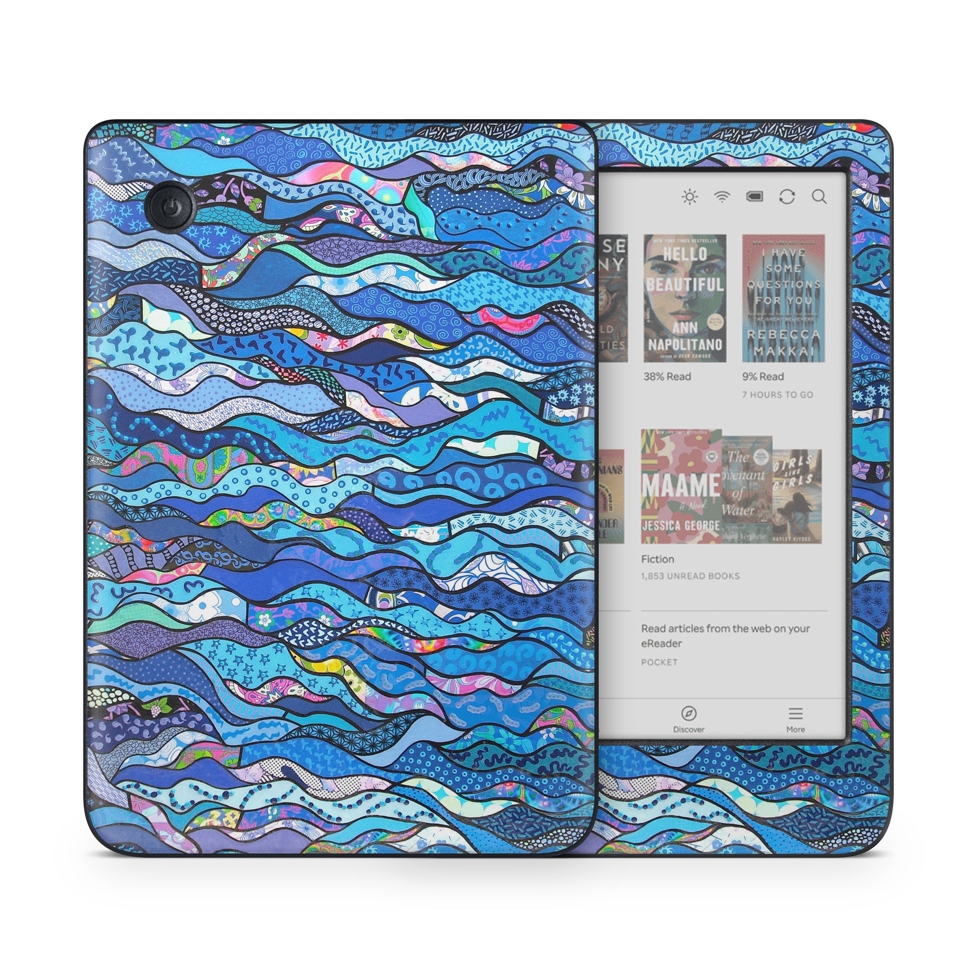 Kobo Clara Colour Skin design of Blue, Pattern, Aqua, Water, Line, Design, Textile, Psychedelic art, Electric blue, with blue, black, gray, purple colors