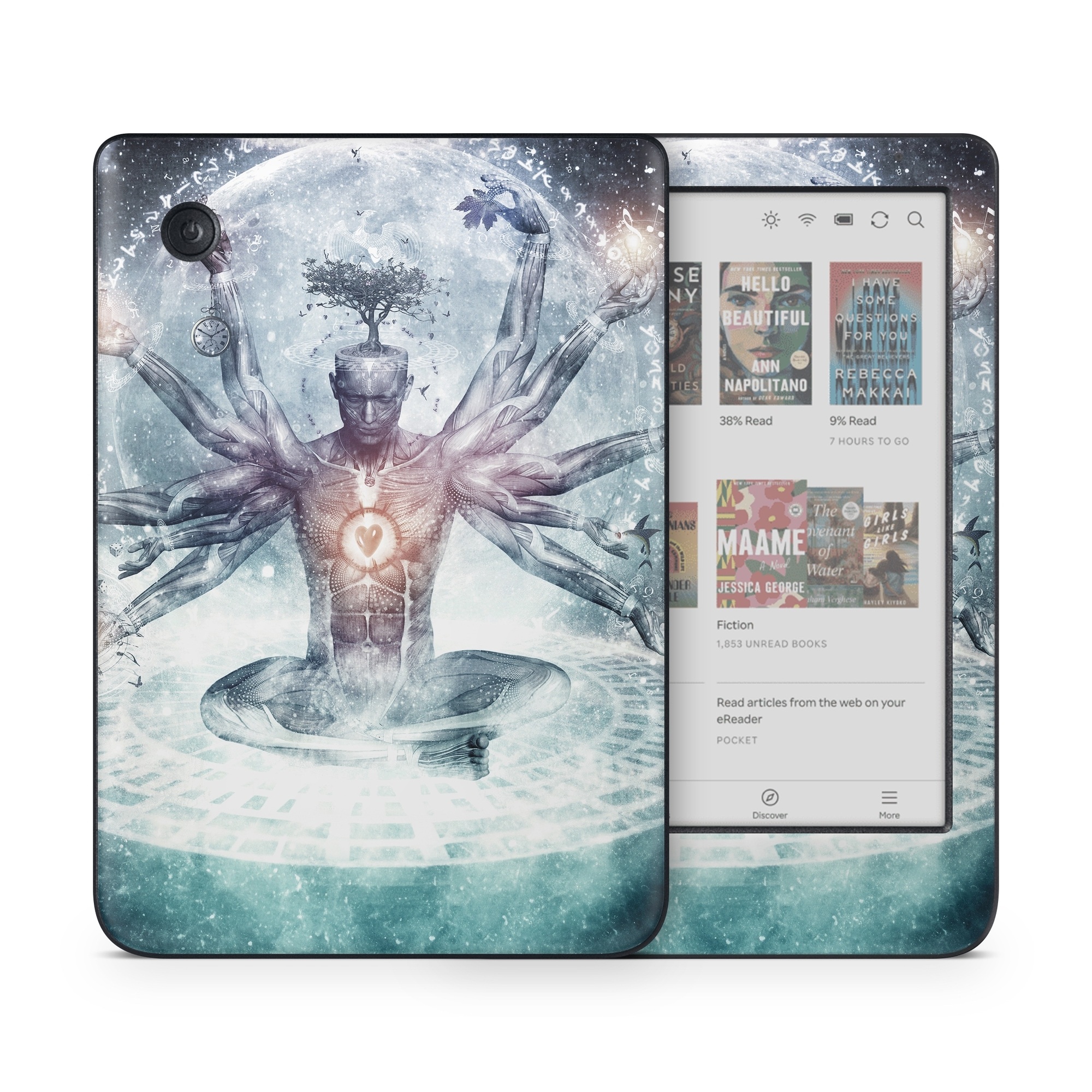 Kobo Clara Colour Skin design of Mythology, Cg artwork, Water, Illustration, Fictional character, Space, Graphics, Art, Graphic design, with blue, red, orange, black, white colors