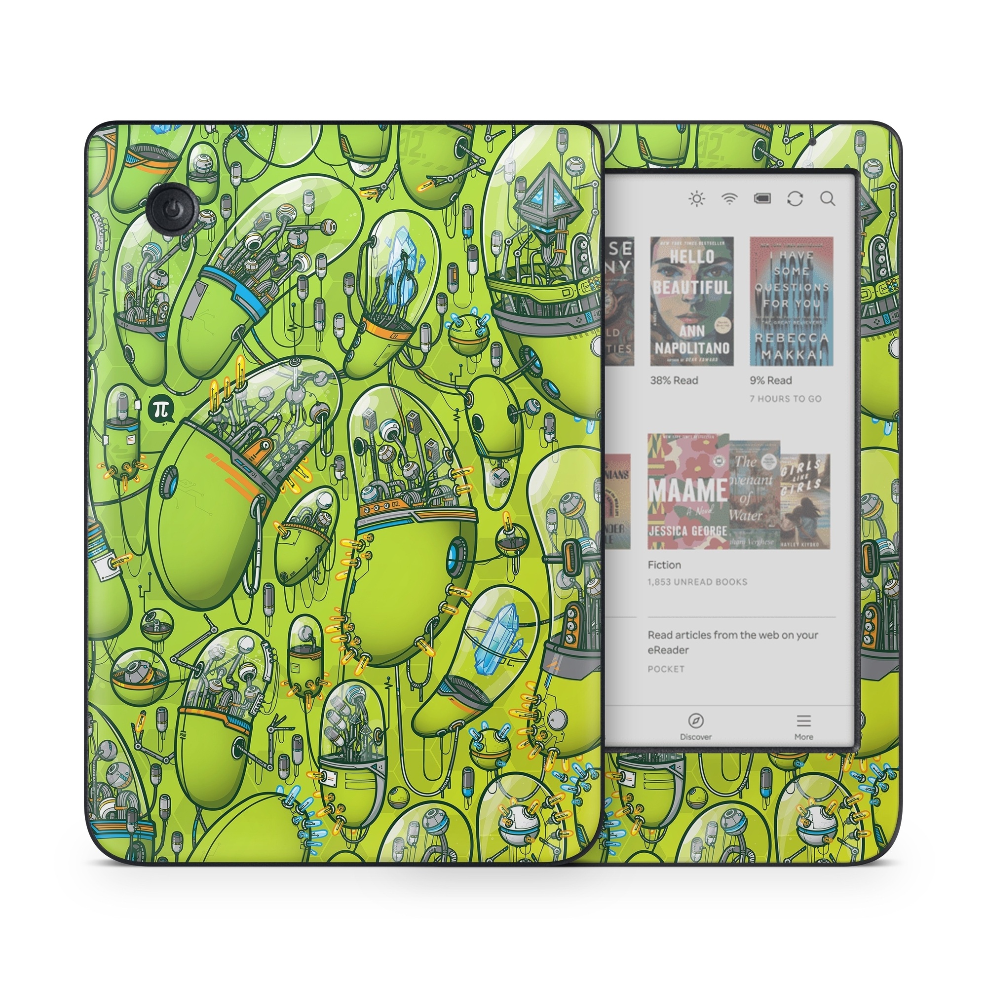 Kobo Clara Colour Skin design of Green, Pattern, Yellow, Design, Illustration, Plant, Art, Graphic design, Urban design, with green, blue, gray, yellow, orange colors