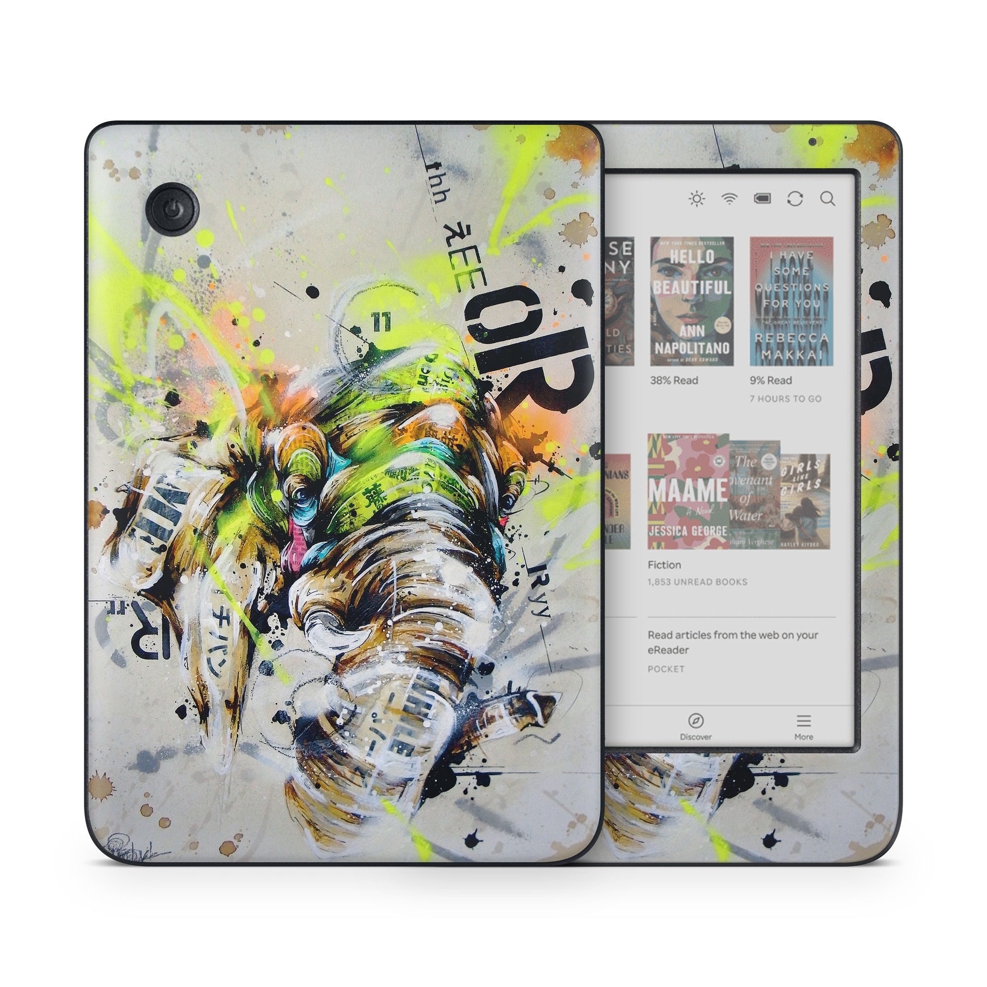 Kobo Clara Colour Skin design of Watercolor paint, Graphic design, Illustration, Acrylic paint, Art, Modern art, Painting, Visual arts, Paint, Graphics, with gray, black, green, red, blue colors