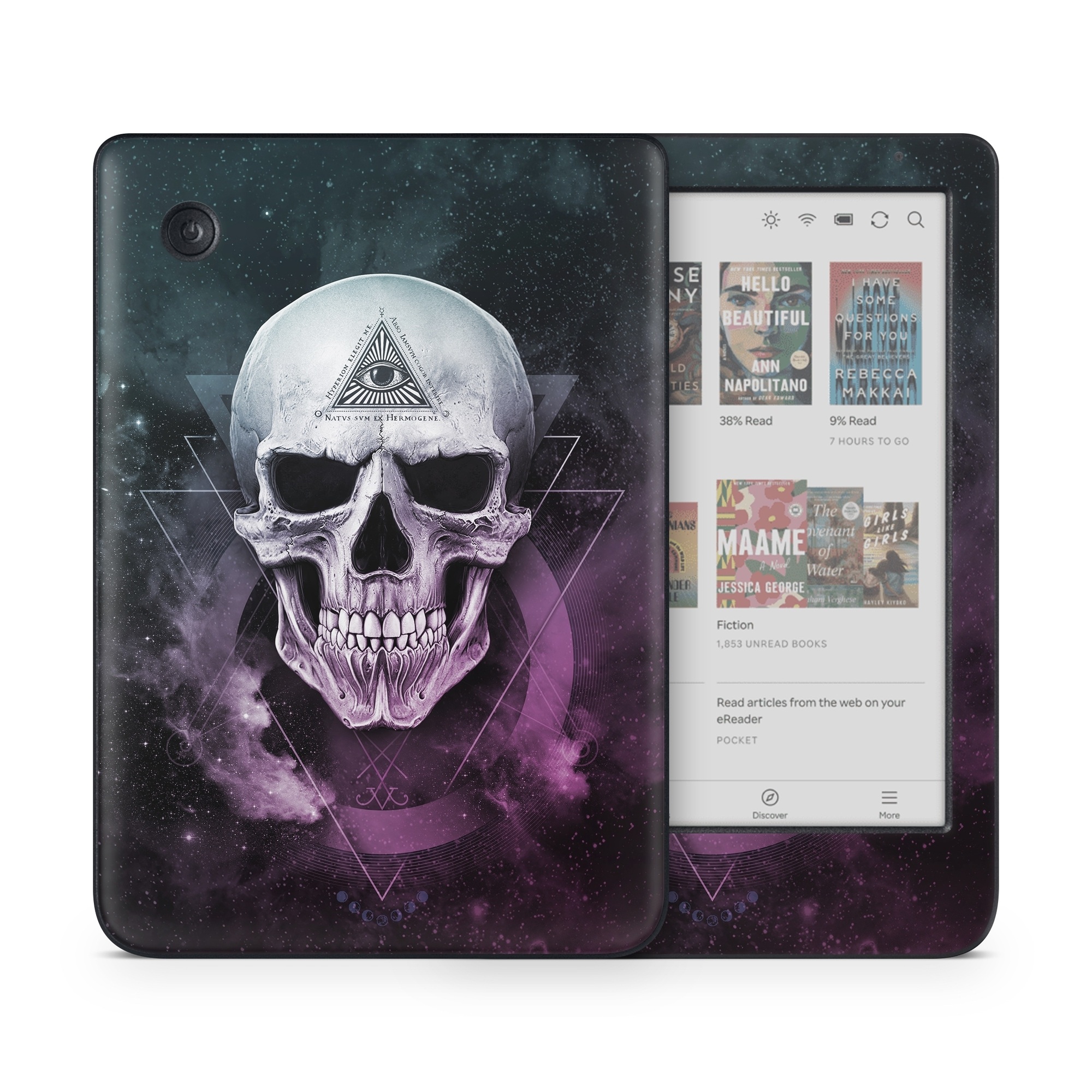 Kobo Clara Colour Skin design of Skull, Bone, Illustration, Font, Jaw, Fictional character, Graphic design, Graphics, Art, with black, white, gray, purple colors