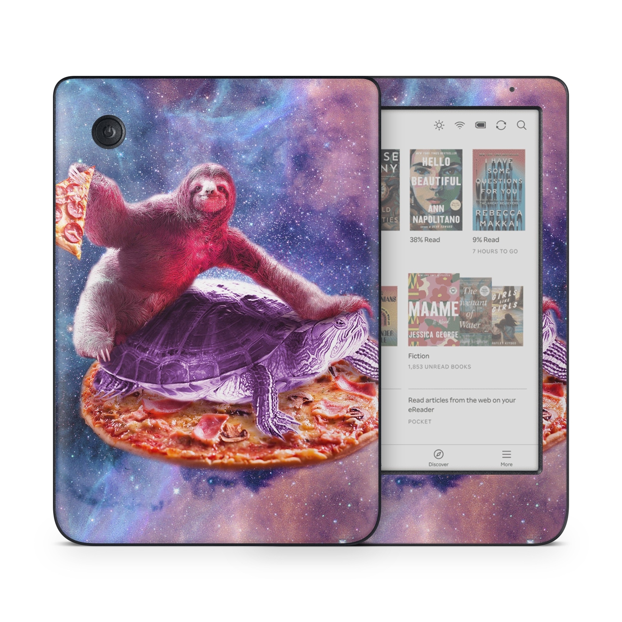 Kobo Clara Colour Skin design of Illustration, Pink, Turtle, Art, Sea turtle, Space, Painting, Fictional character, Tortoise, with black, white, blue, gray, red, yellow colors