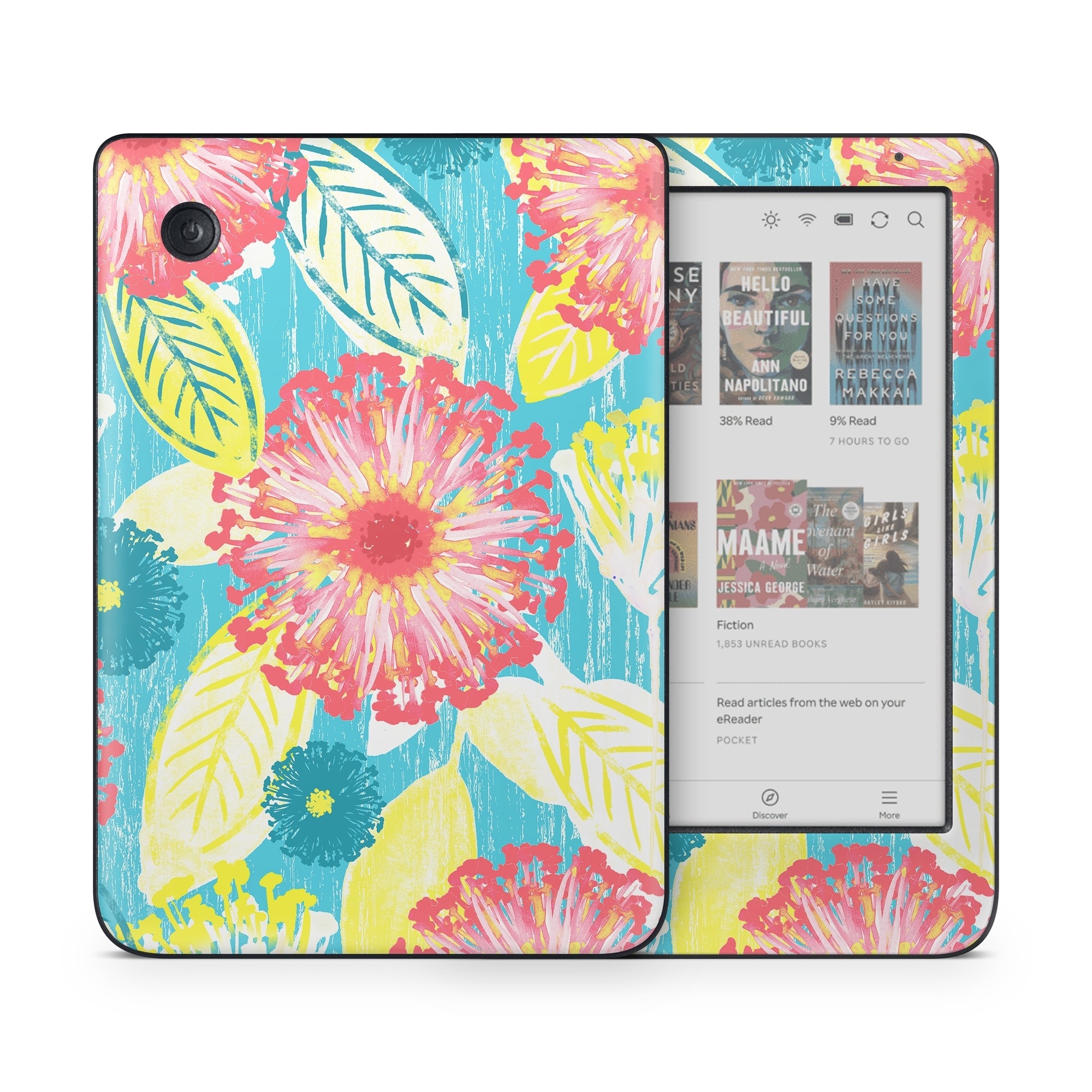 Kobo Clara Colour Skin design of Pattern, Design, Flower, Floral design, Plant, Textile, Wrapping paper, Wildflower, Visual arts, with pink, gray, blue, yellow colors