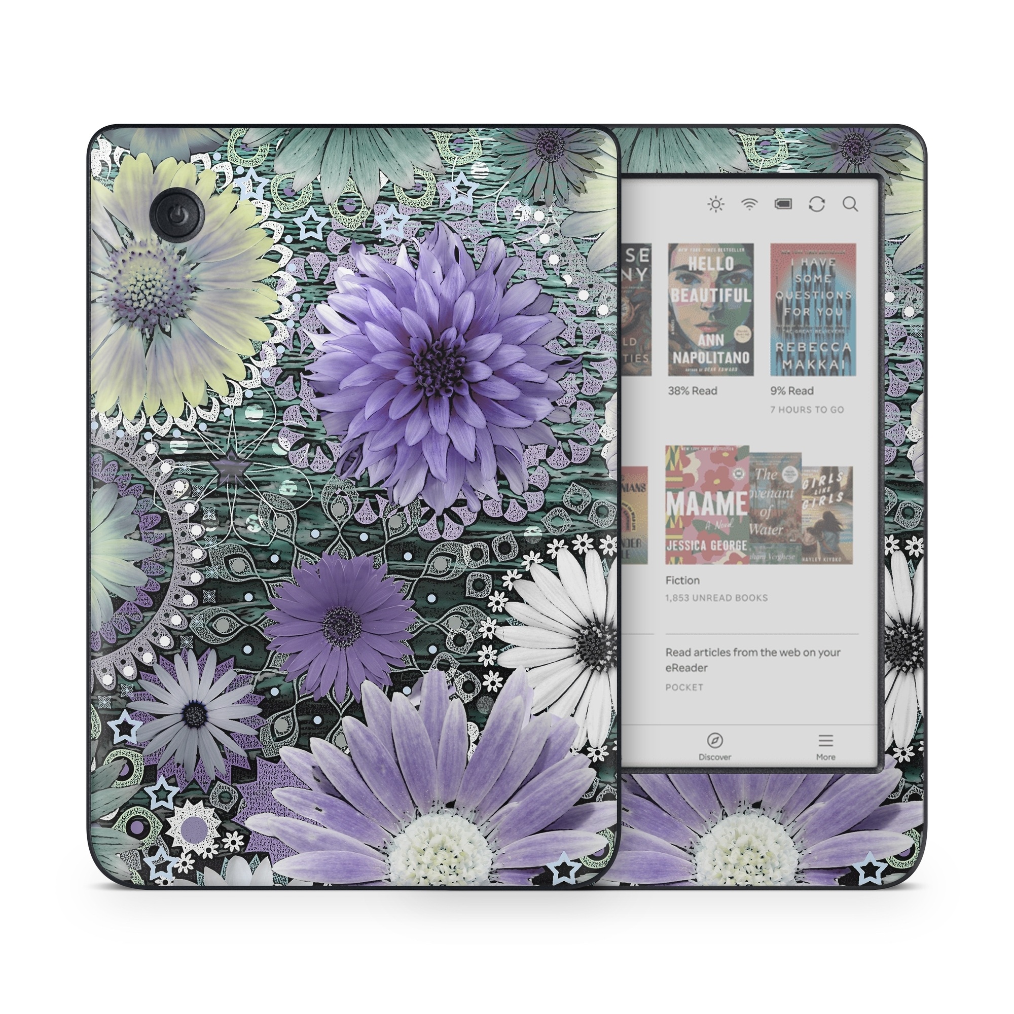 Kobo Clara Colour Skin design of Purple, Flower, african daisy, Pericallis, Plant, Violet, Lavender, Botany, Petal, Pattern, with gray, black, blue, purple, white colors