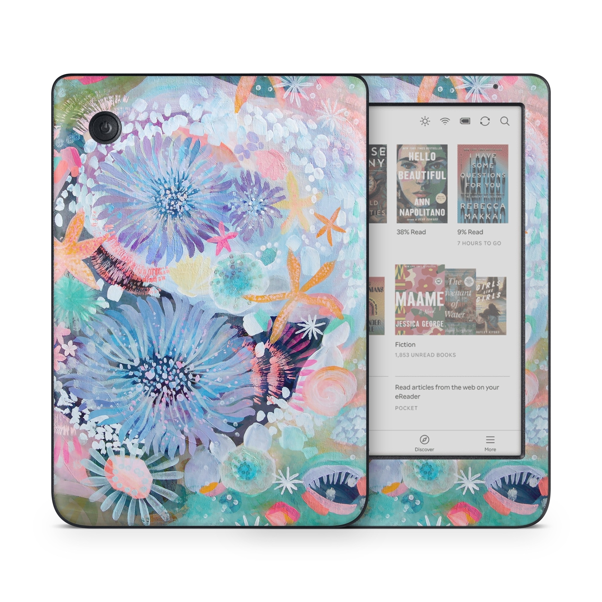 Kobo Clara Colour Skin design of Pattern, Aqua, Textile, Design, Watercolor paint, Visual arts, Flower, Art, Plant, Illustration, with blue, orange, pink, purple, green, white colors