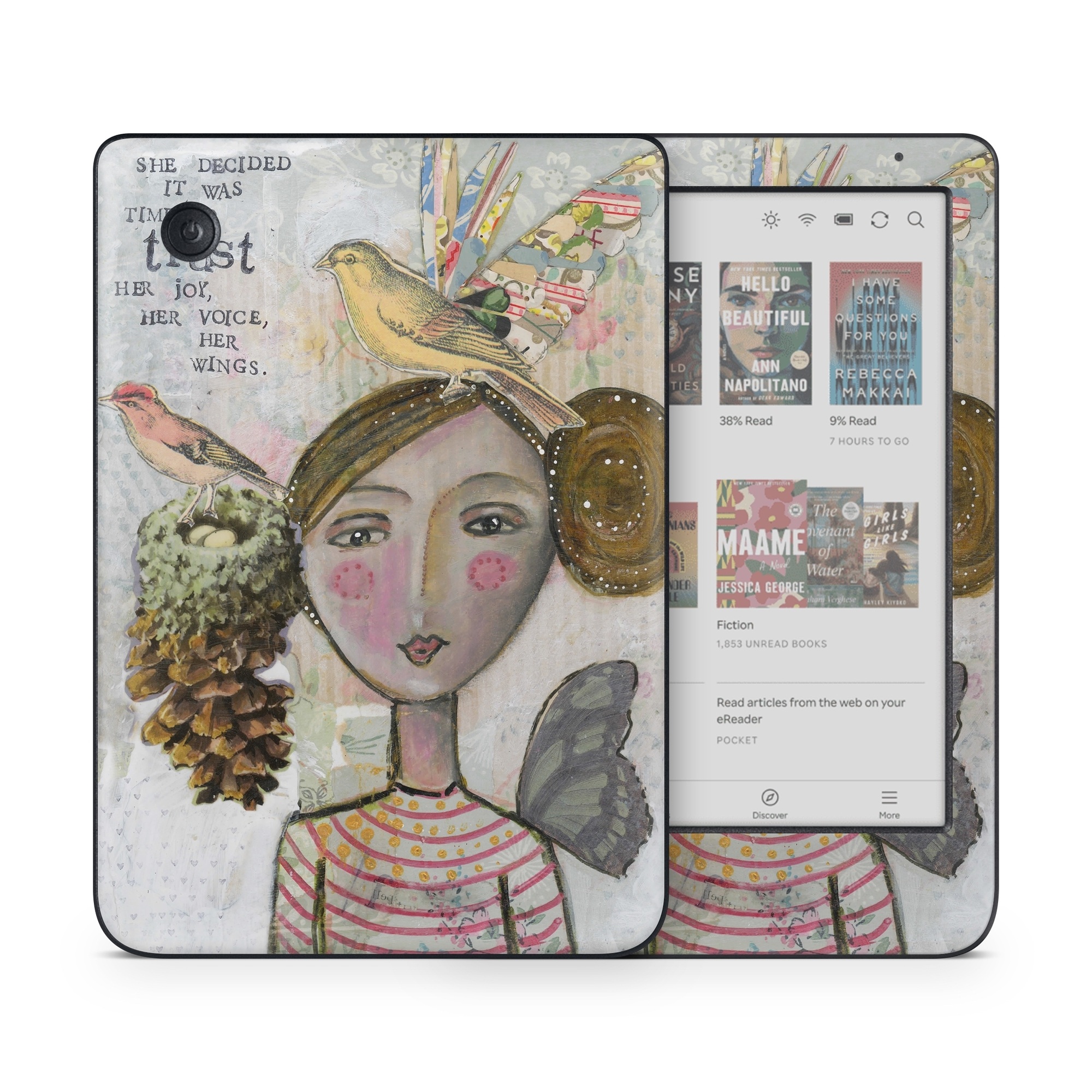 Kobo Clara Colour Skin design of Watercolor paint, Illustration, Art, Painting, Child art, Fictional character, Visual arts, Fashion illustration, Feather, Drawing, with gray, brown, pink, yellow, red, green, blue colors