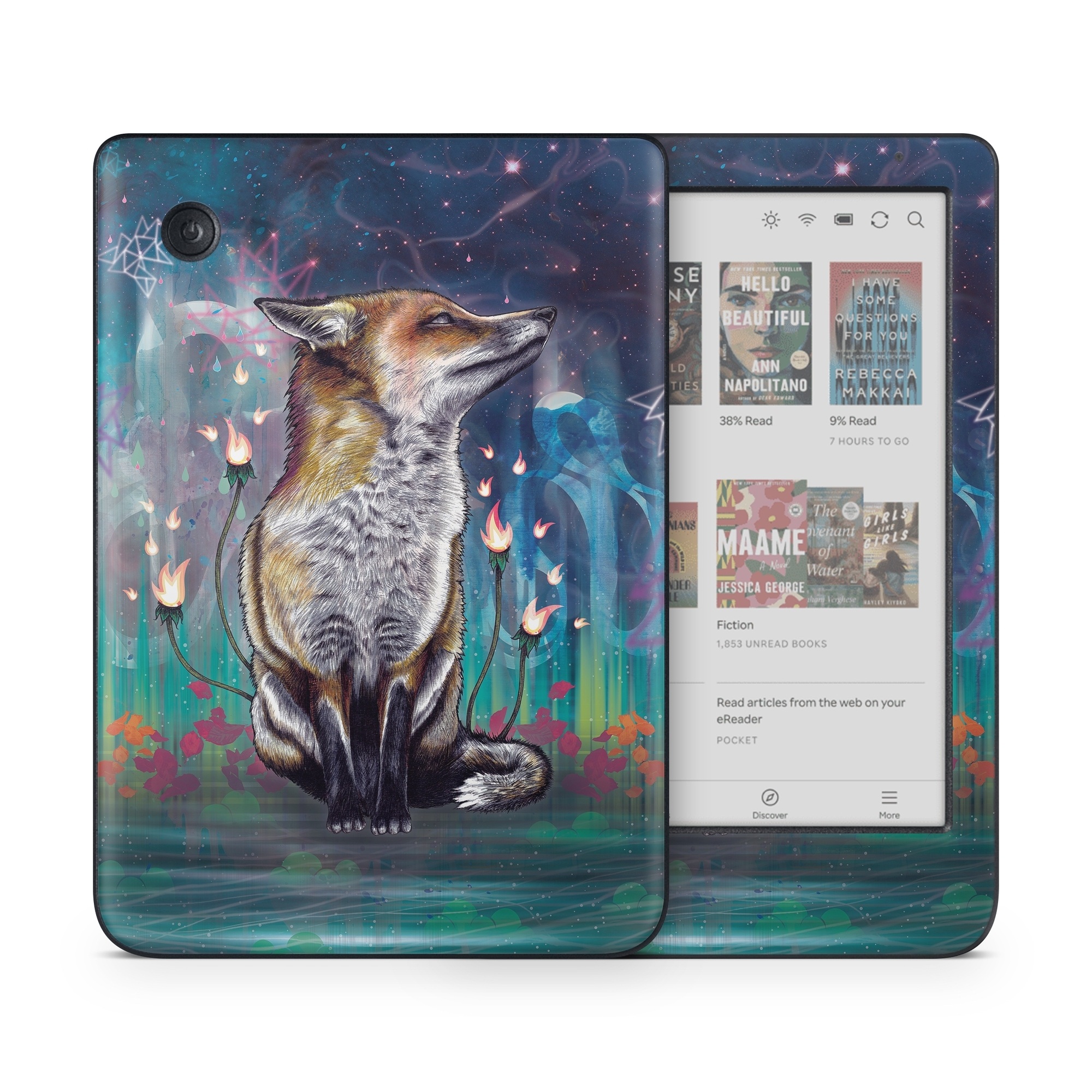 Kobo Clara Colour Skin design of Red fox, Art, Wildlife, Canidae, Illustration, Fox, Carnivore, Painting, Dhole, Red wolf, with black, gray, blue, red, green colors