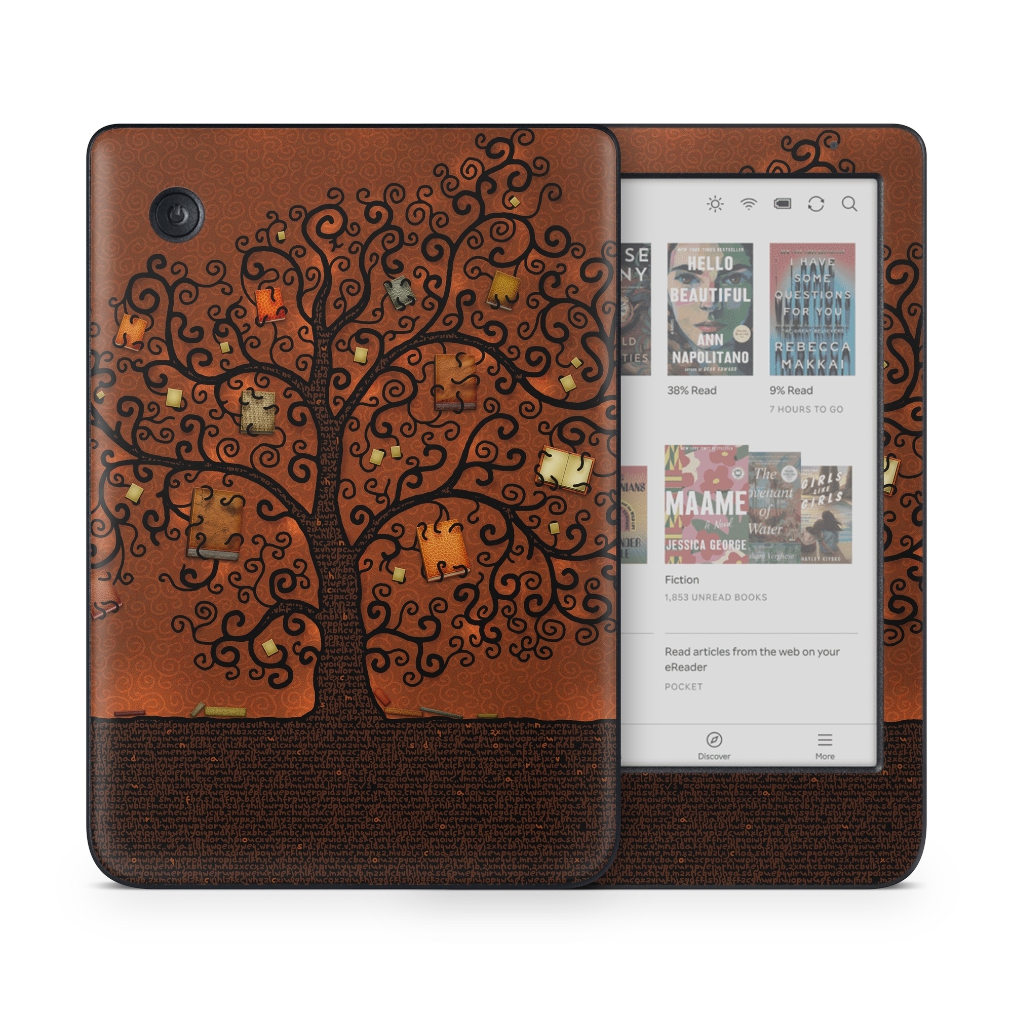 Kobo Clara Colour Skin design of Tree, Brown, Leaf, Plant, Woody plant, Branch, Visual arts, Font, Pattern, Art, with black colors