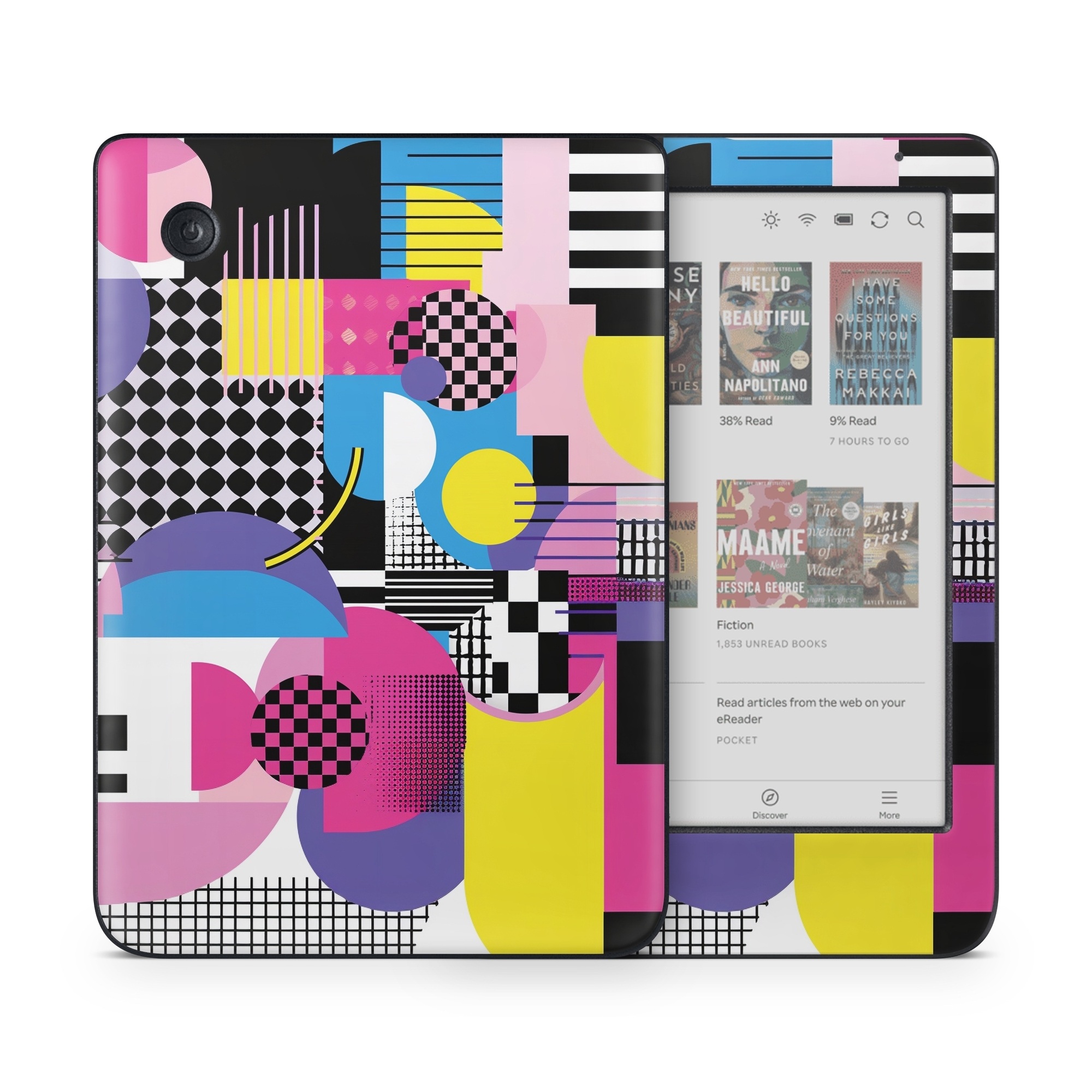 Kobo Clara Colour Skin design of Rectangle, Textile, Art, Font, Line, Material property, Magenta, Pattern, Circle, Tints and shades, with pink, yellow, white, black, purple, blue colors