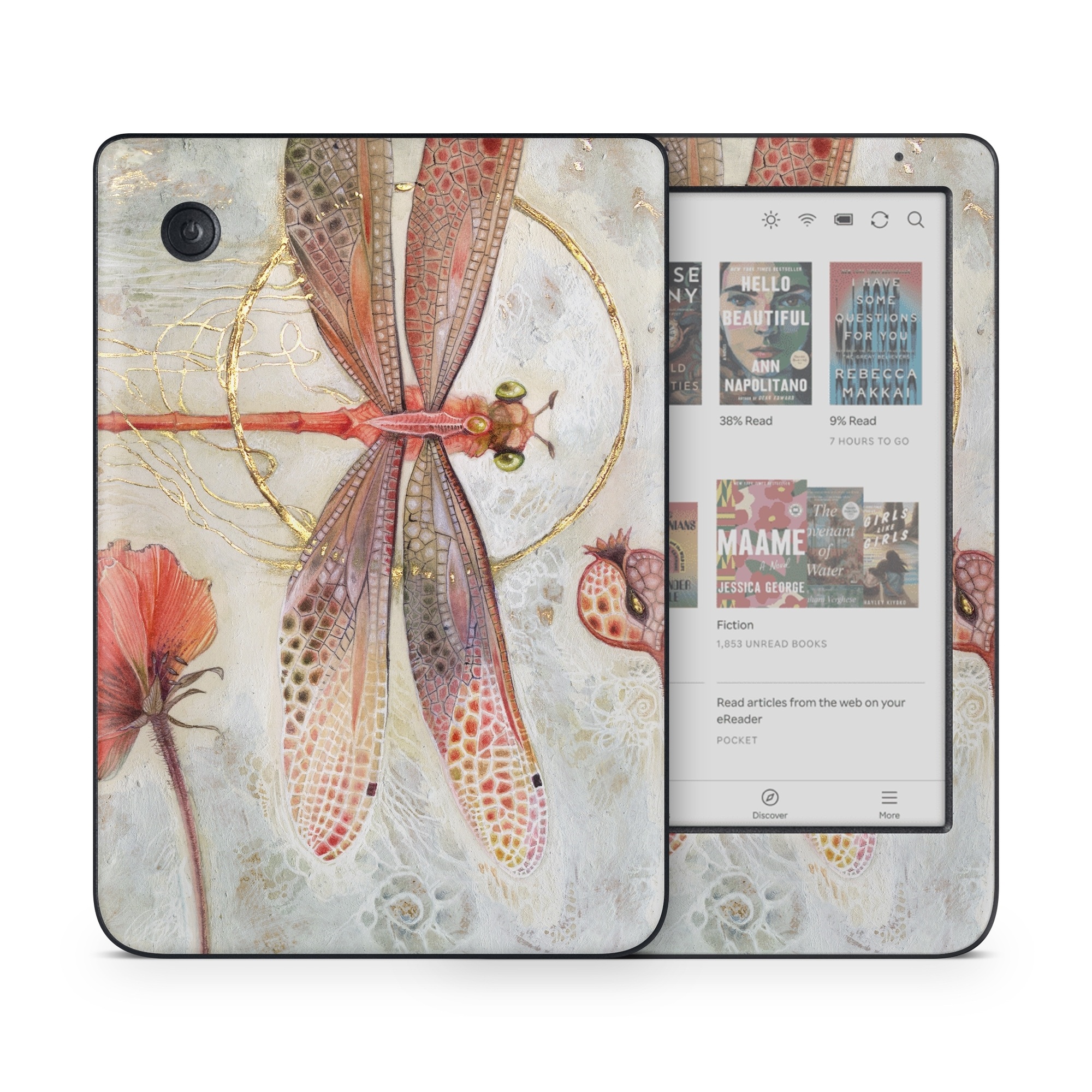 Kobo Clara Colour Skin design of Watercolor paint, Botany, Flower, Illustration, Floral design, Painting, Plant, Coquelicot, Art, Still life photography, with red, yellow, gray colors