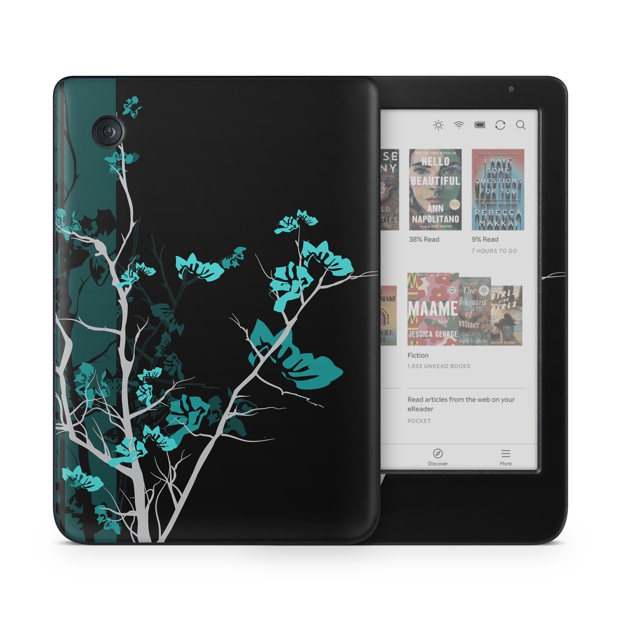 Kobo Clara Colour Skin design of Branch, Black, Blue, Green, Turquoise, Teal, Tree, Plant, Graphic design, Twig, with black, blue, gray colors