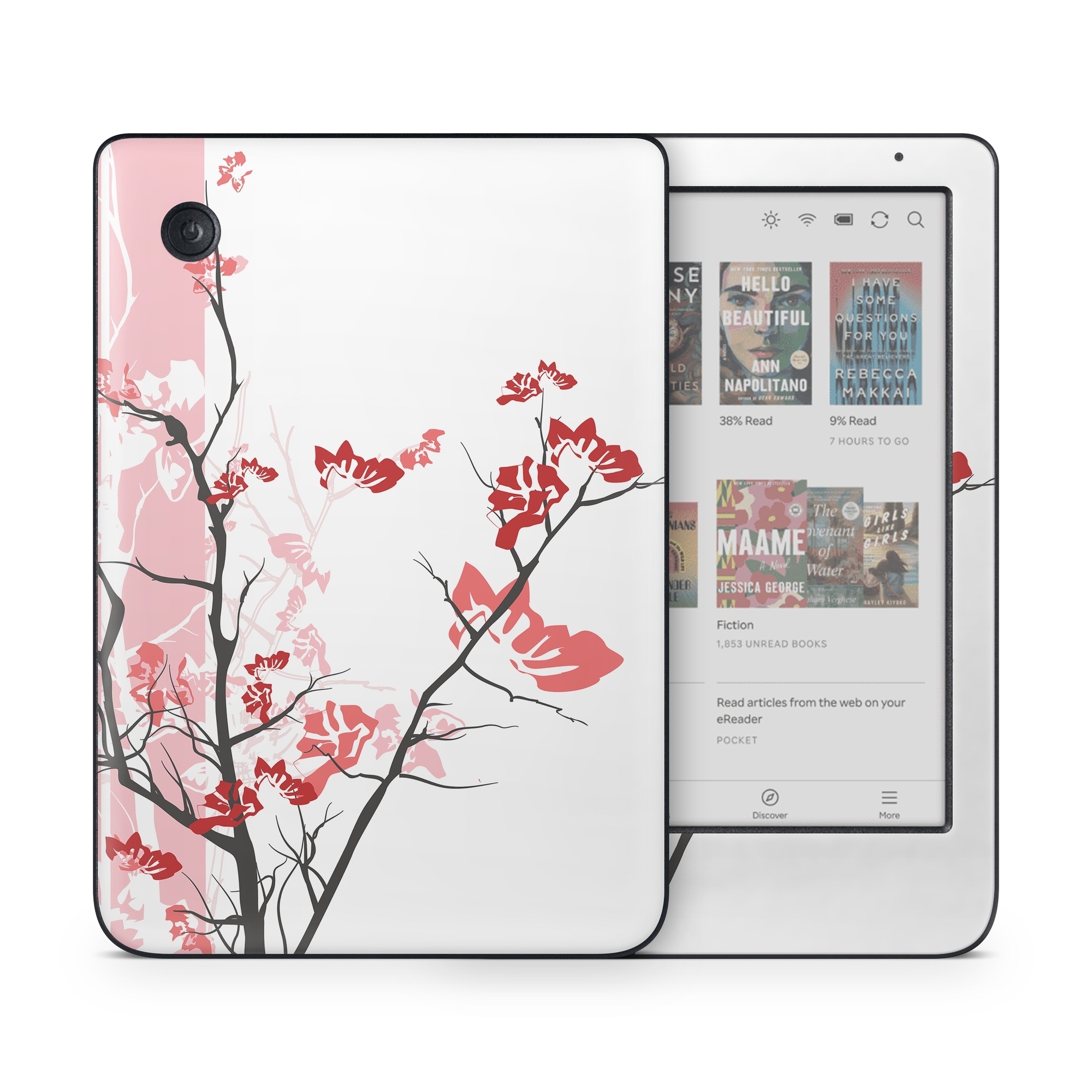 Kobo Clara Colour Skin design of Branch, Red, Flower, Plant, Tree, Twig, Blossom, Botany, Pink, Spring, with white, pink, gray, red, black colors