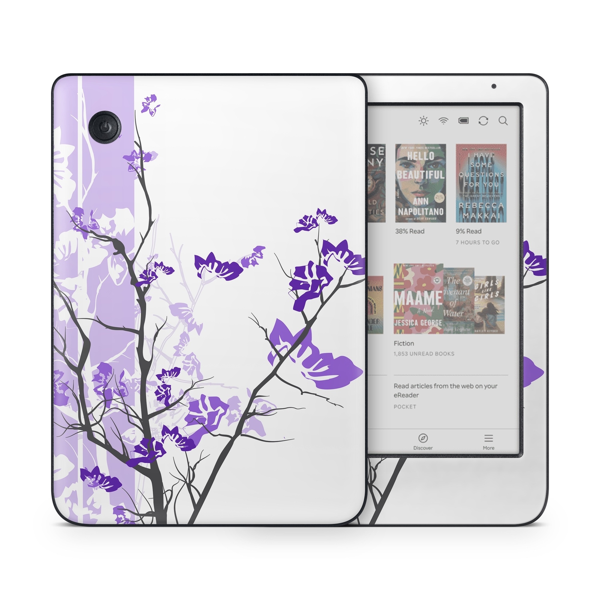 Kobo Clara Colour Skin design of Branch, Purple, Violet, Lilac, Lavender, Plant, Twig, Flower, Tree, Wildflower, with white, purple, gray, pink, black colors