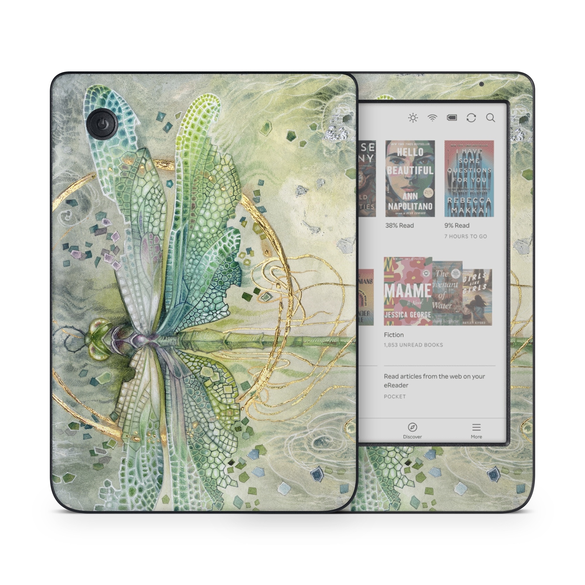 Kobo Clara Colour Skin design of Green, Painting, Watercolor paint, Water, Acrylic paint, Leaf, Visual arts, Plant, Art, Photography, with green, yellow, blue, gray colors