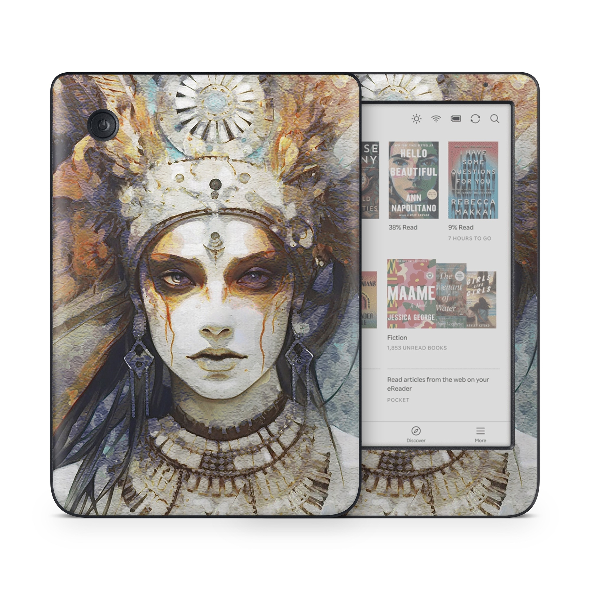 Kobo Clara Colour Skin design of Eye, Paint, Eyelash, Painting, Art, Headpiece, Beauty, Feather, Illustration, Mask, with white, black, yellow, brown, gray, blue colors